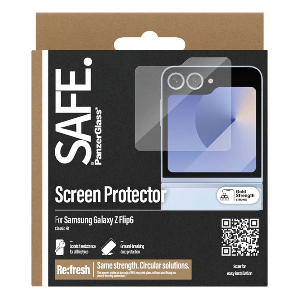 Scatola proteggi schermo con display del telefono. Logo Safe in evidenza.