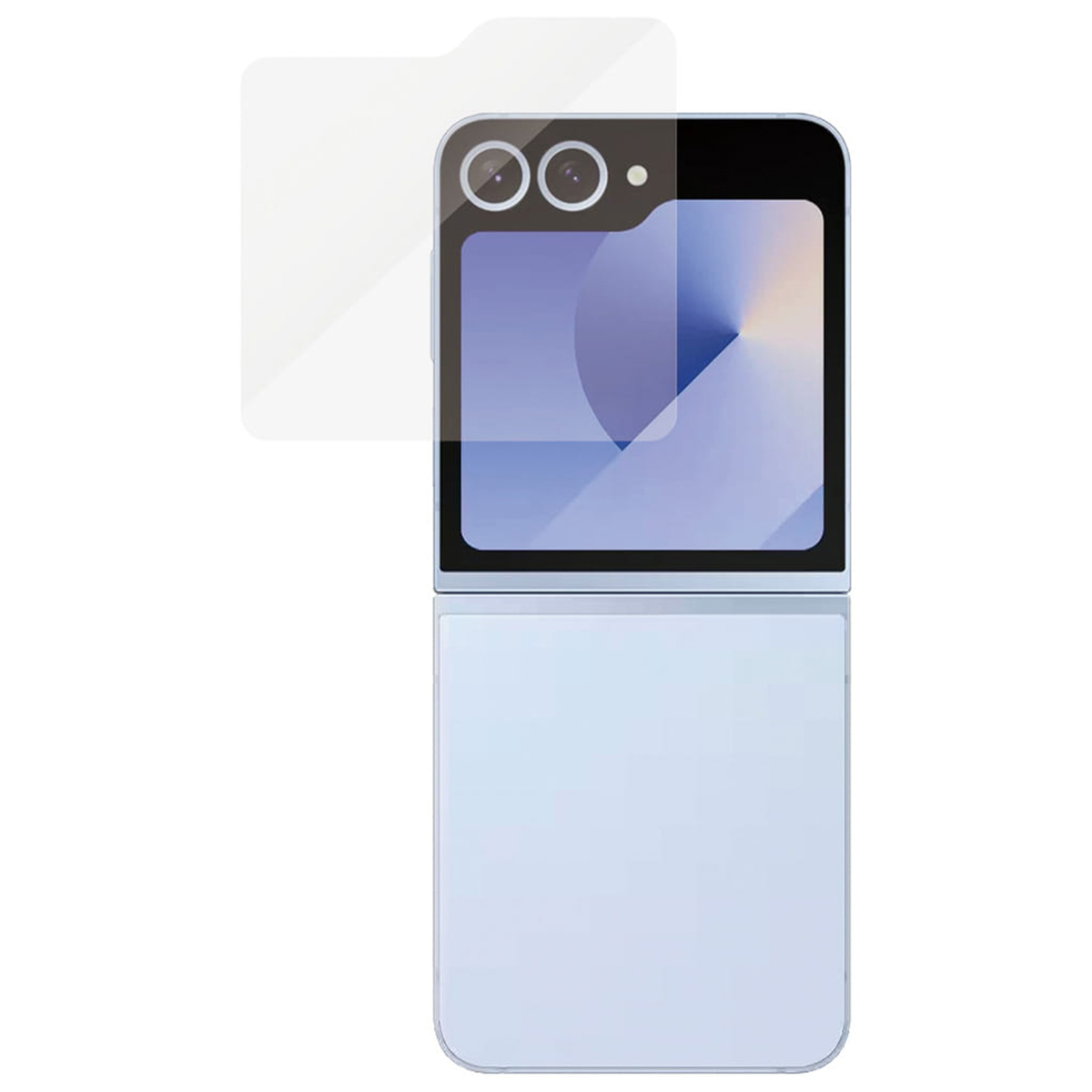Uno smartphone con un proteggi schermo in fase di applicazione. Il telefono è azzurro.