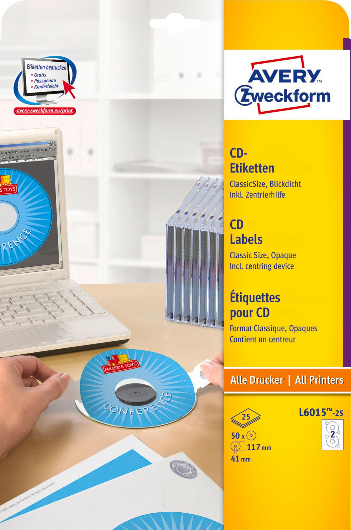 CD-Etiketten mit Drucker, Laptop und CD-Stapel, Büroumgebung.