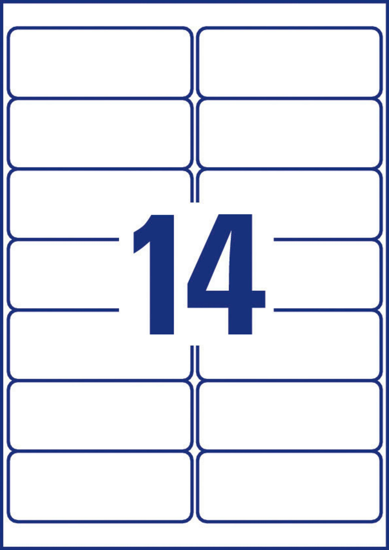 Ein Bogen weißer Etiketten mit der Zahl 14 in Blau in der Mitte.