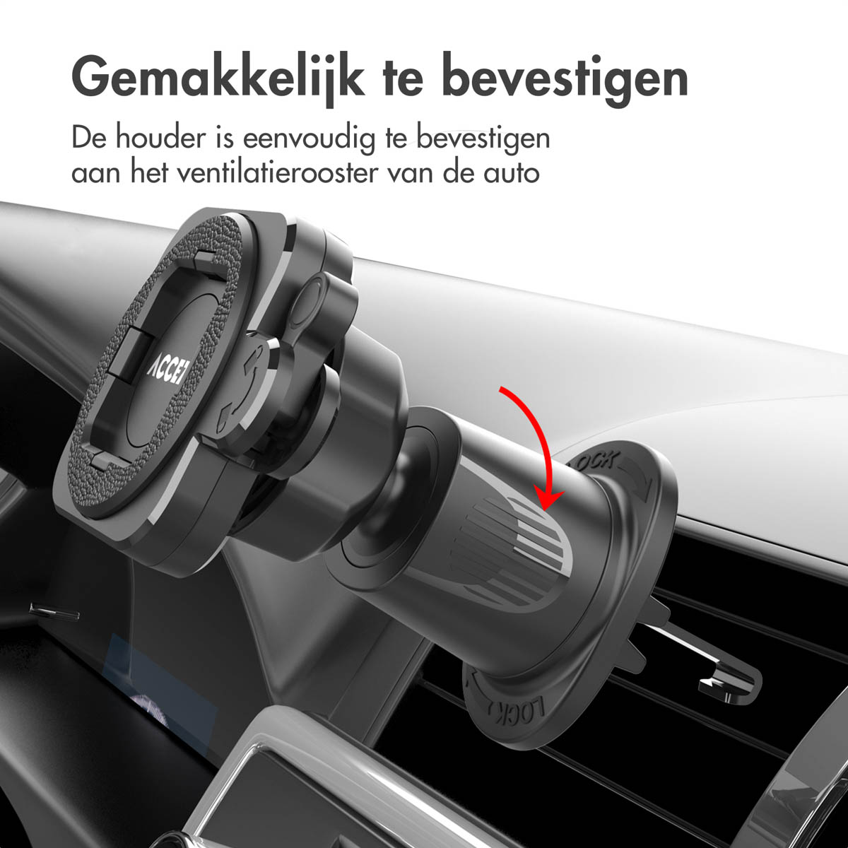 Telefoonhouder geïnstalleerd in een ventilatierooster van de auto. Zwart en zilver.