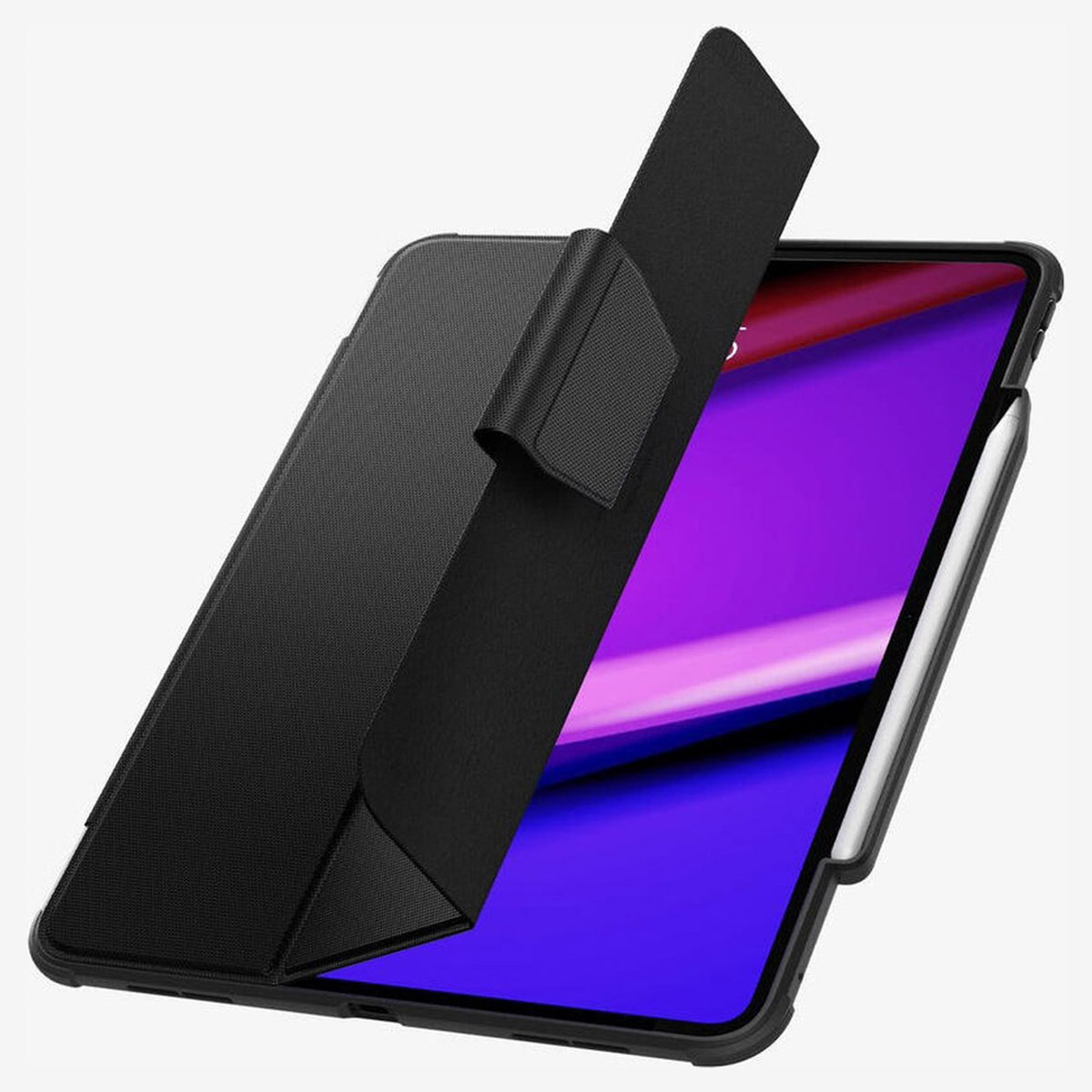 An open iPad case on white background, with an open cover, showing the screen and a stylus.