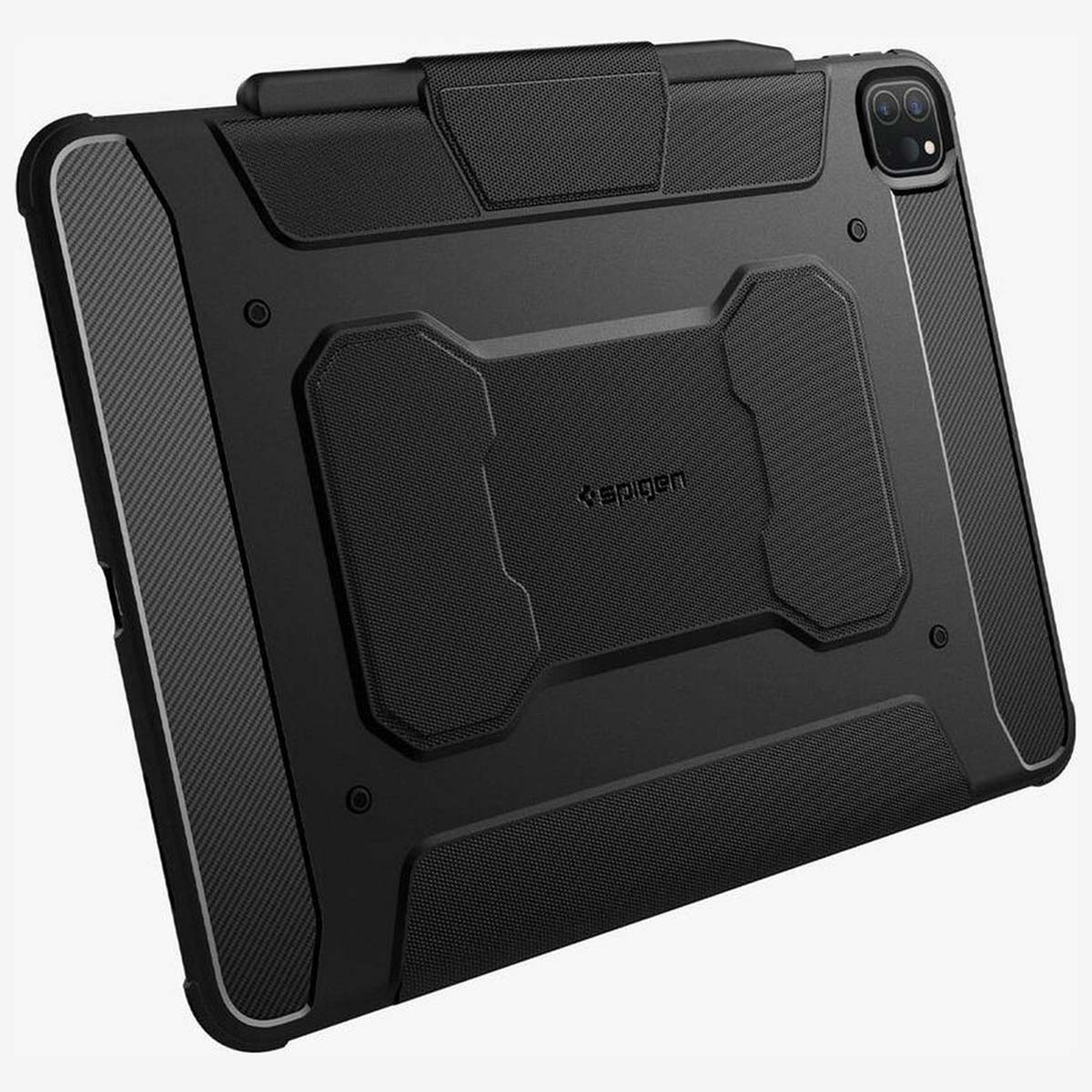 Black tablet case, closed. Rugged design, textured surface. Angled view. White background.