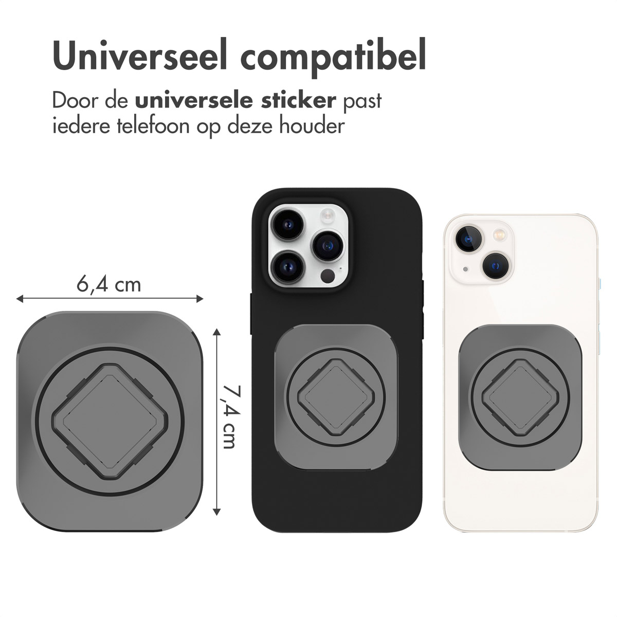 Telefoon, sticker en twee telefoons die de compatibiliteit tonen.