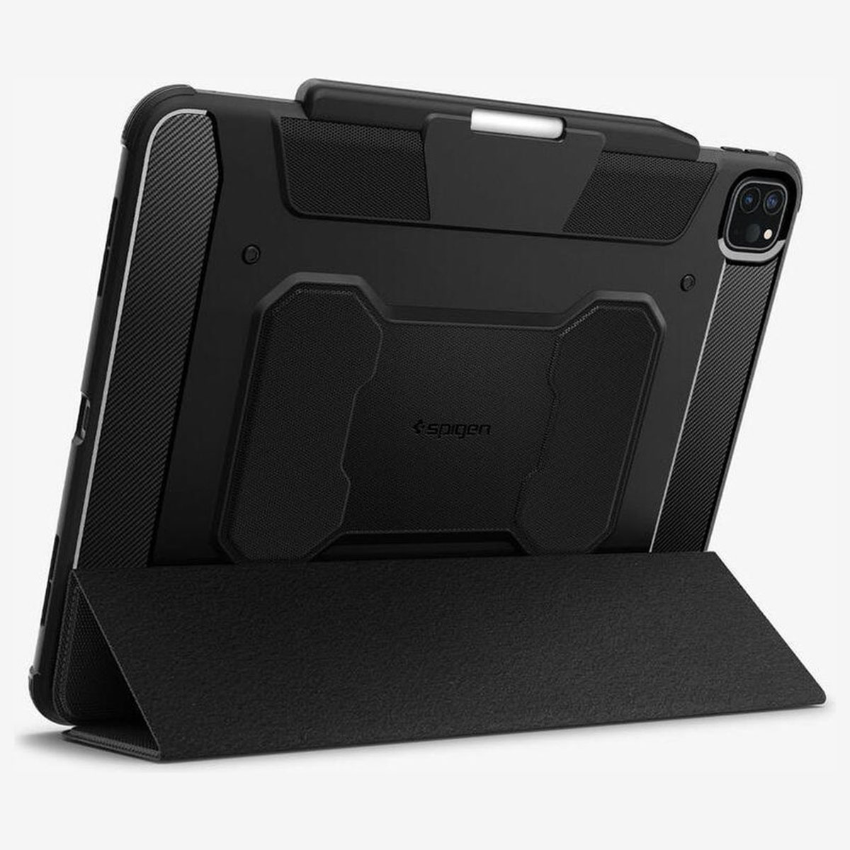 Black tablet in a black protective case with a kickstand, angled on a white background.