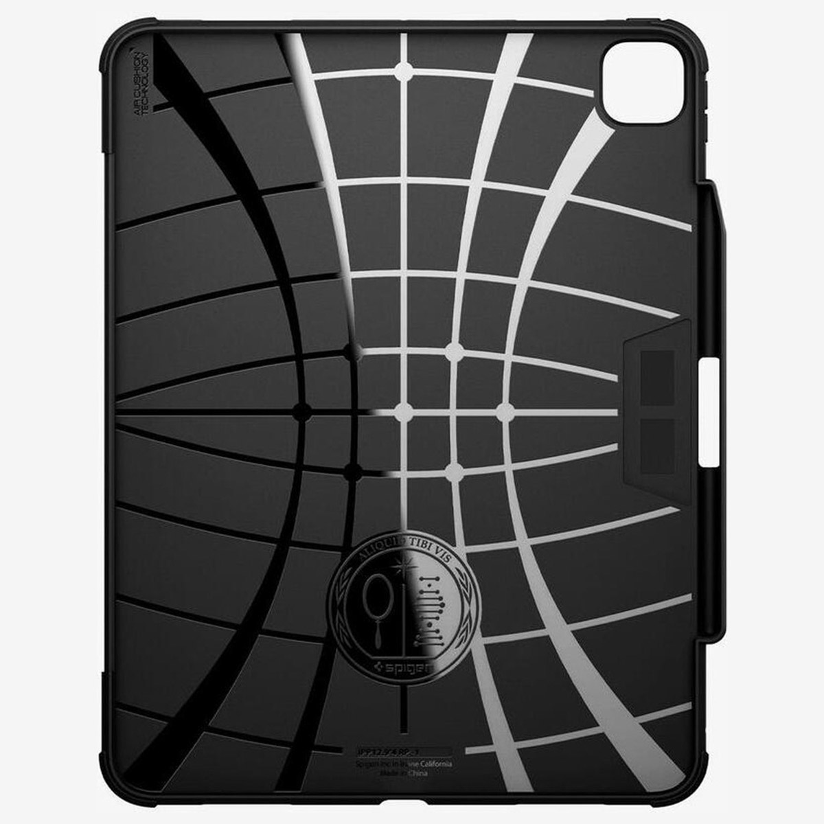 Black tablet case with a grid design and a stylus holder.