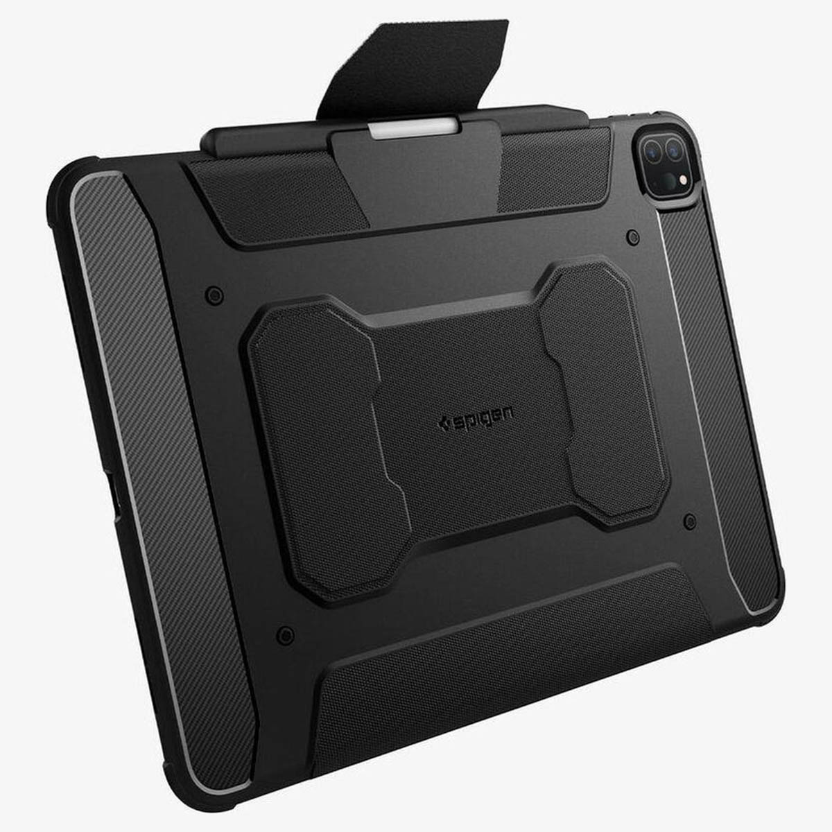 Black tablet case with a strap. Features include reinforced corners and a textured back for grip.