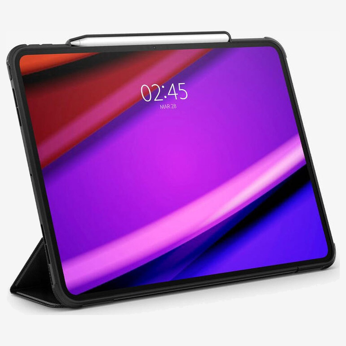 Tablet with black case, white stylus. Screen shows time and colors.