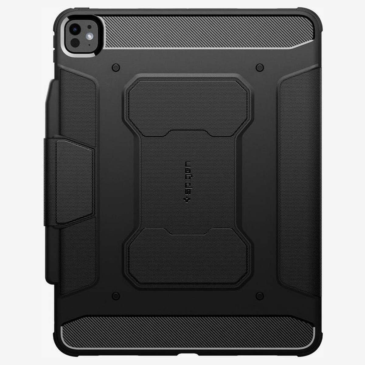 Black tablet case with an open cover and a pen holder. Black background.