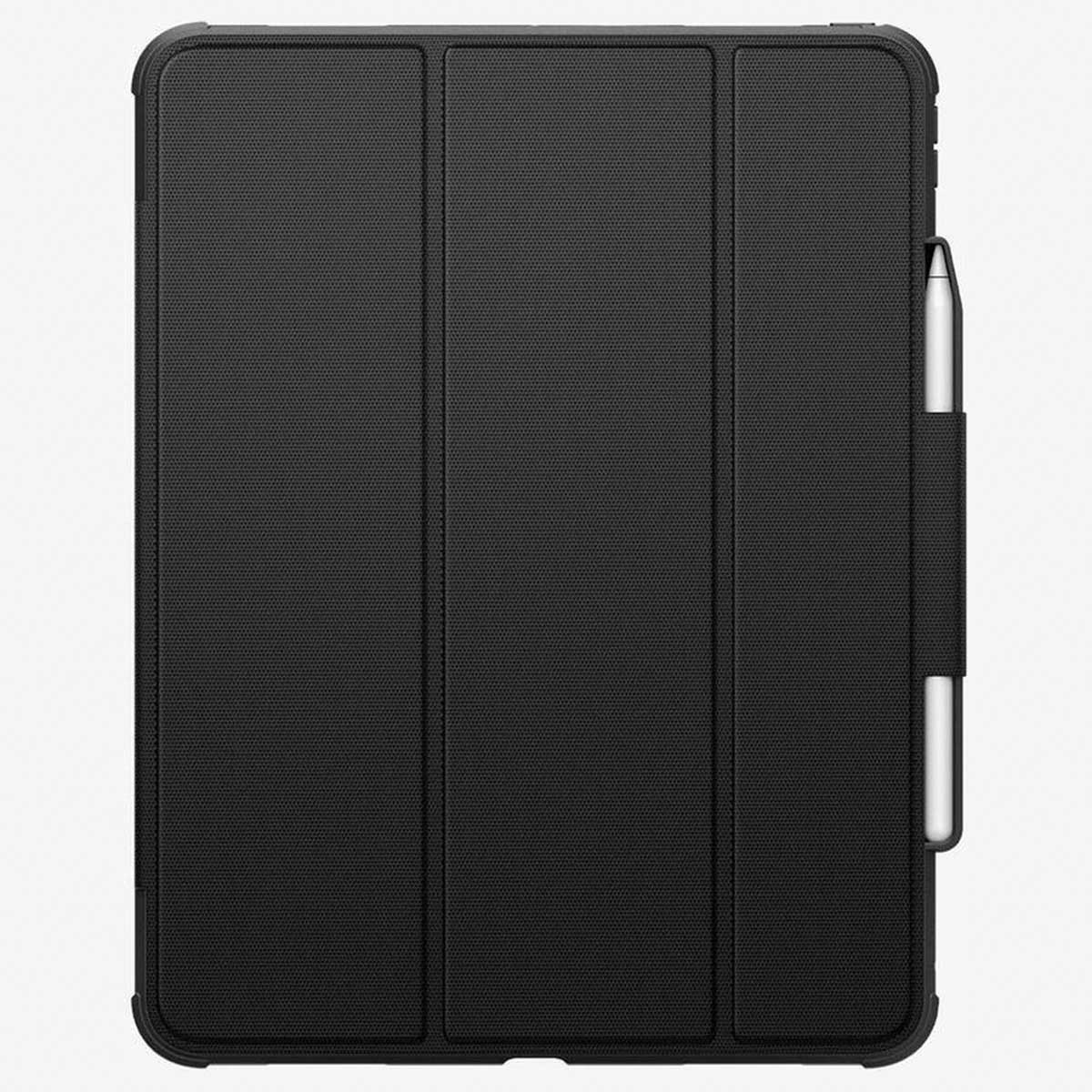 Black tablet case with a stylus holder and stylus on a white background.