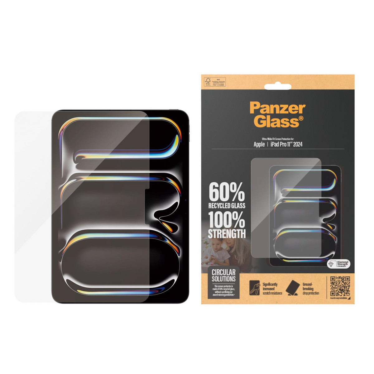 Confezione del proteggi schermo PanzerGlass, con protezione e scatola che mostrano dettagli.