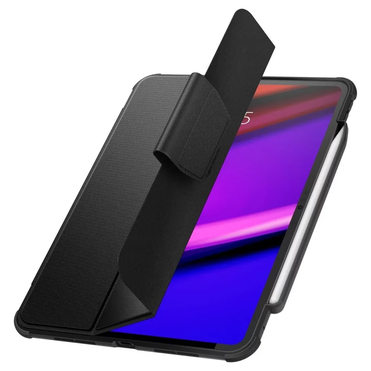 Tablet with case, partially open showing screen and strap.