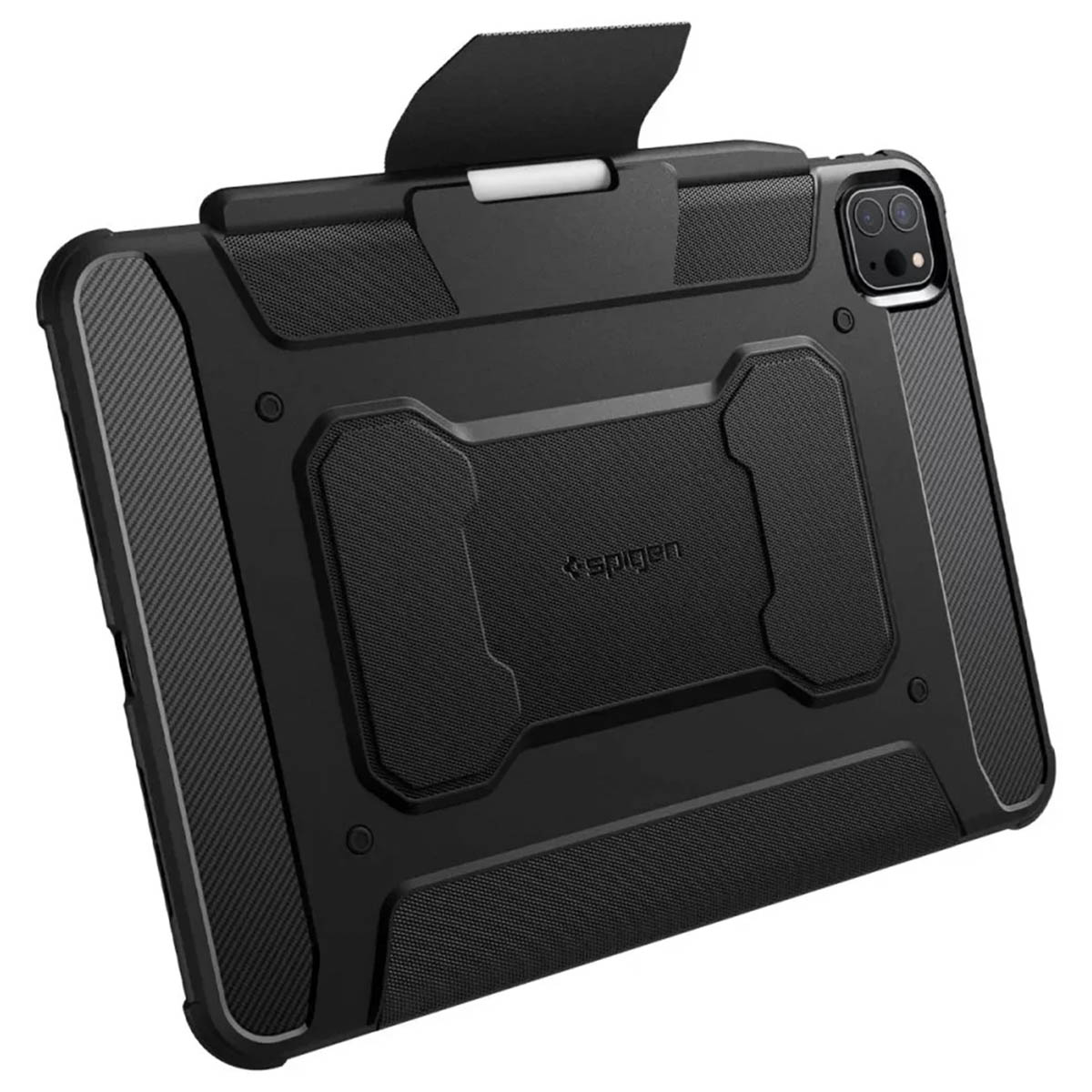 A tablet in a black case with a built-in stand. White background.