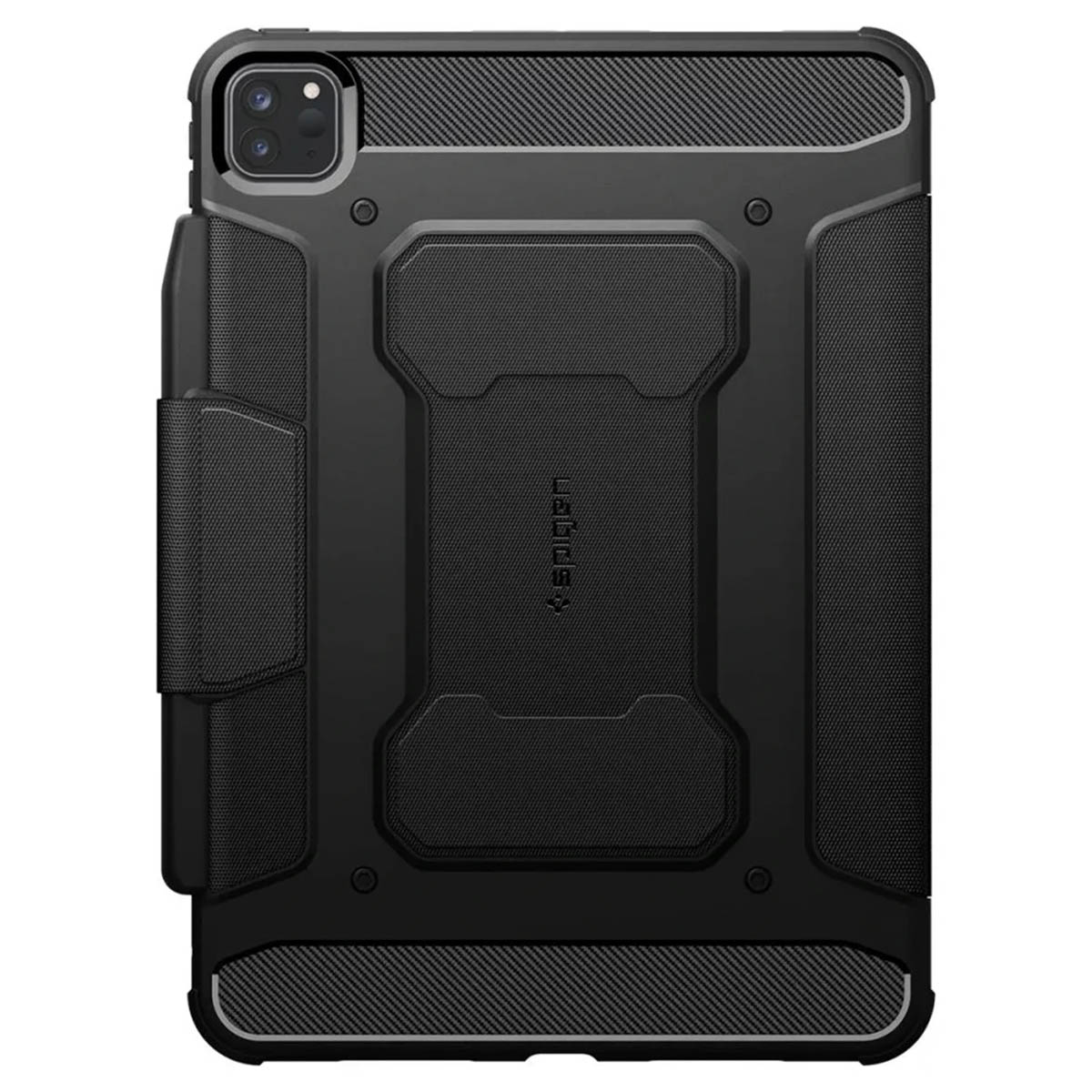 A black rugged iPad case with a built-in stand. It has a black and carbon fiber design on the back.
