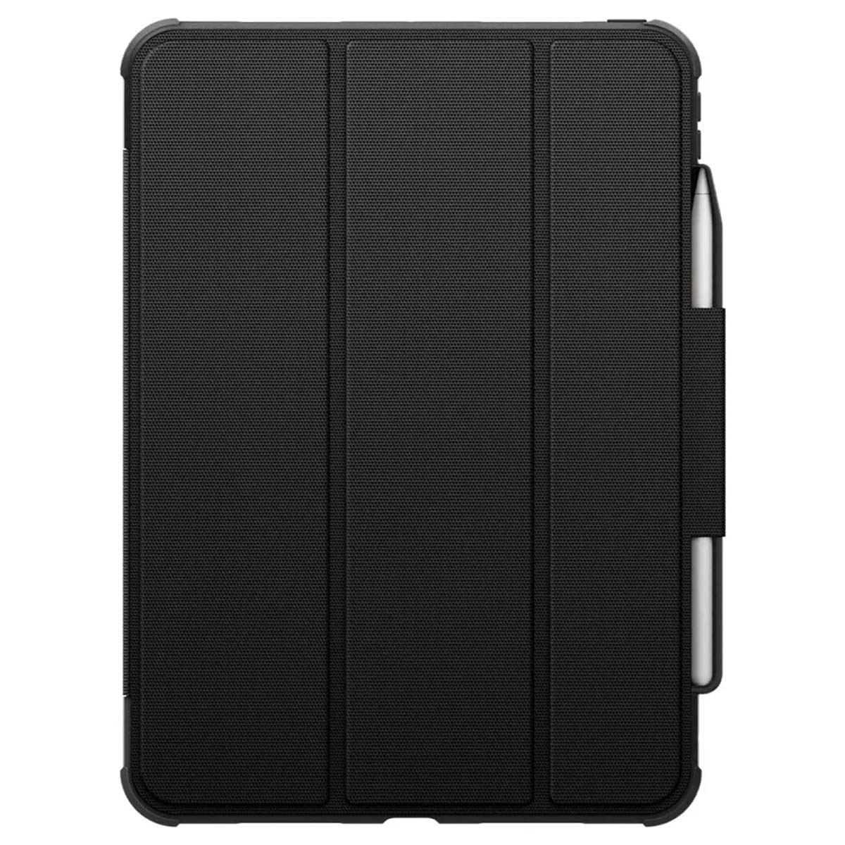 Black tablet case with a cover and a pen holder. The case is closed. The background is white.