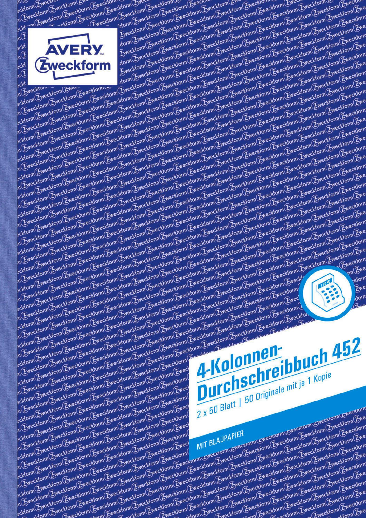 Avery Zweckform Notizbuch mit blauem Papier, wirbt für ein 4-Spalten-Notizbuch mit 50 Blatt und 1 Kopie.