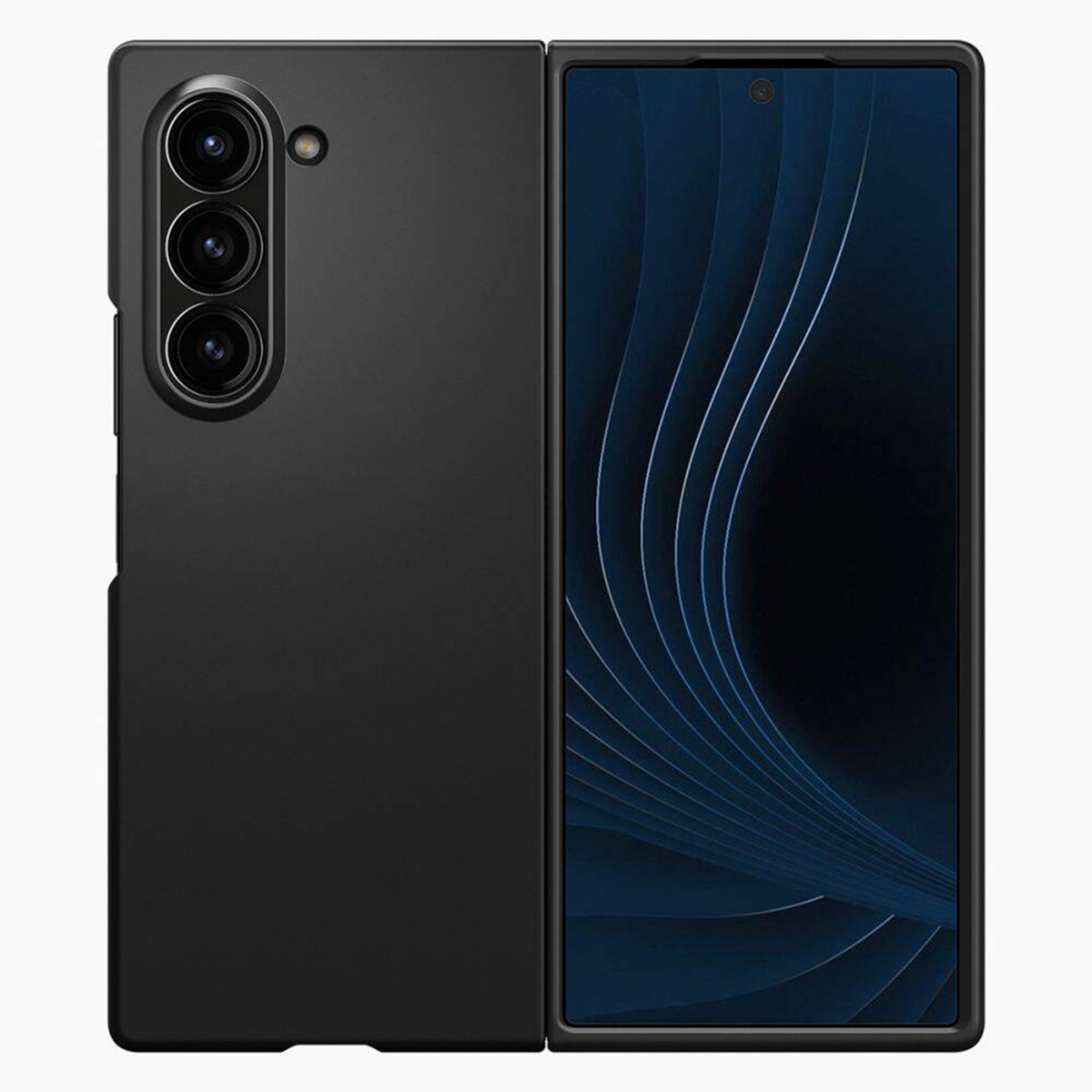 Telefono pieghevole nero, aperto e chiuso. Schermo interno con linee blu.