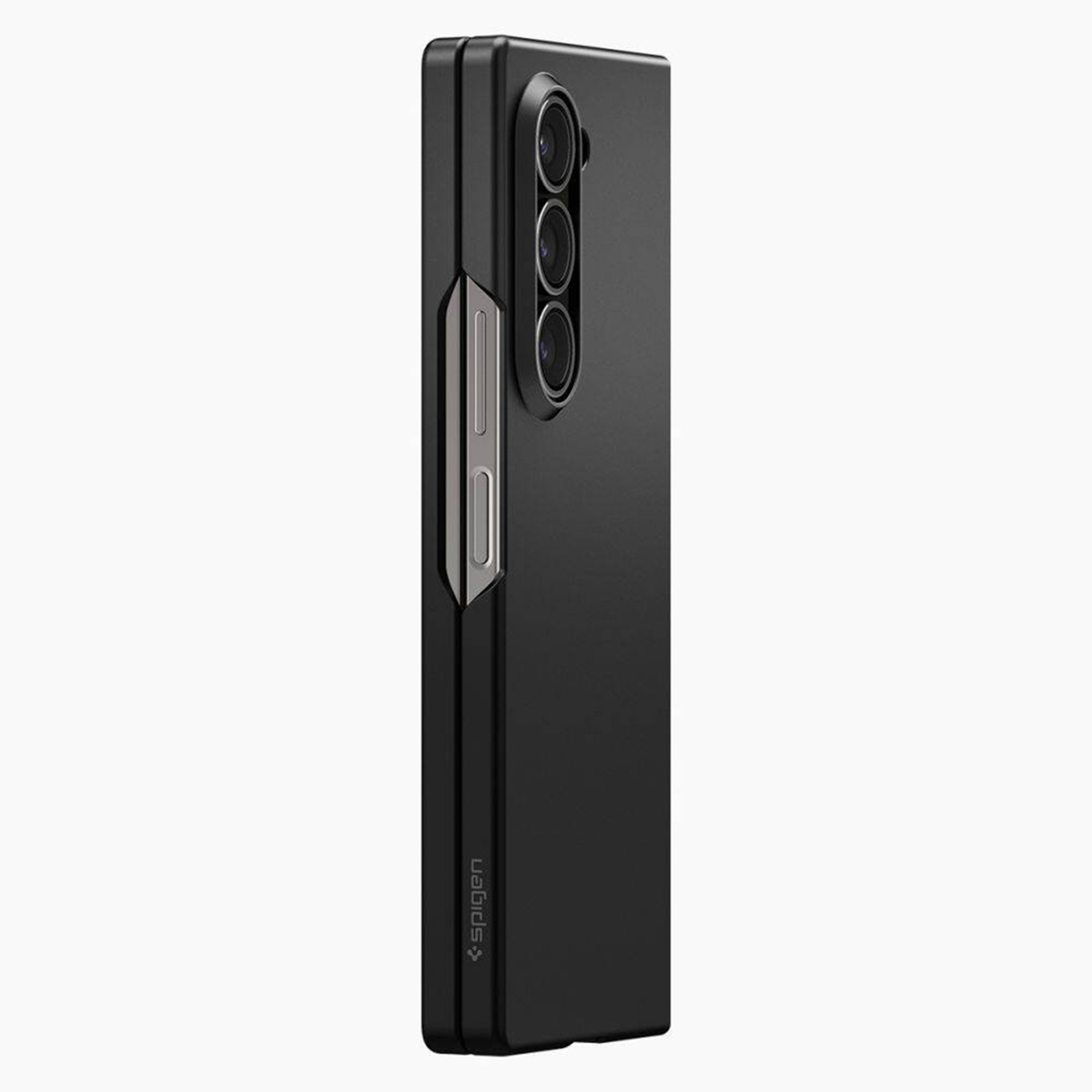 Custodia per smartphone nera, vista laterale, con logo Spigen, isolata su sfondo bianco.