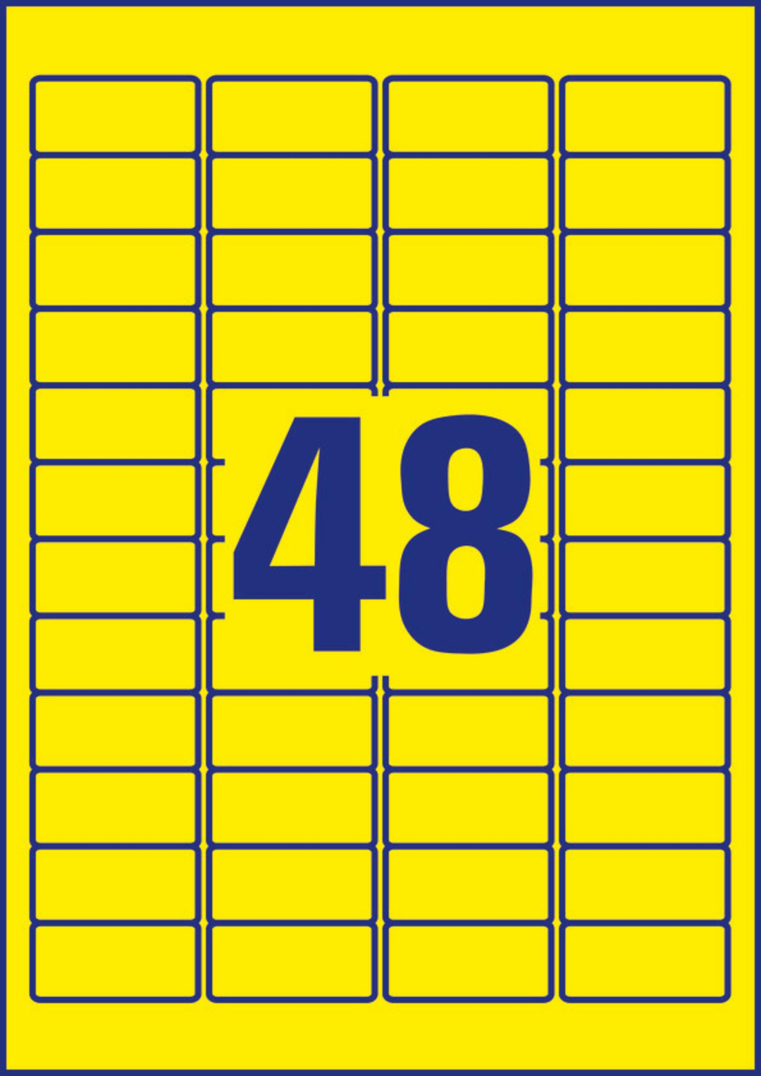 48 Etiketten auf gelbem Hintergrund, mit einer großen blauen Zahl 48. Blauer Rand.