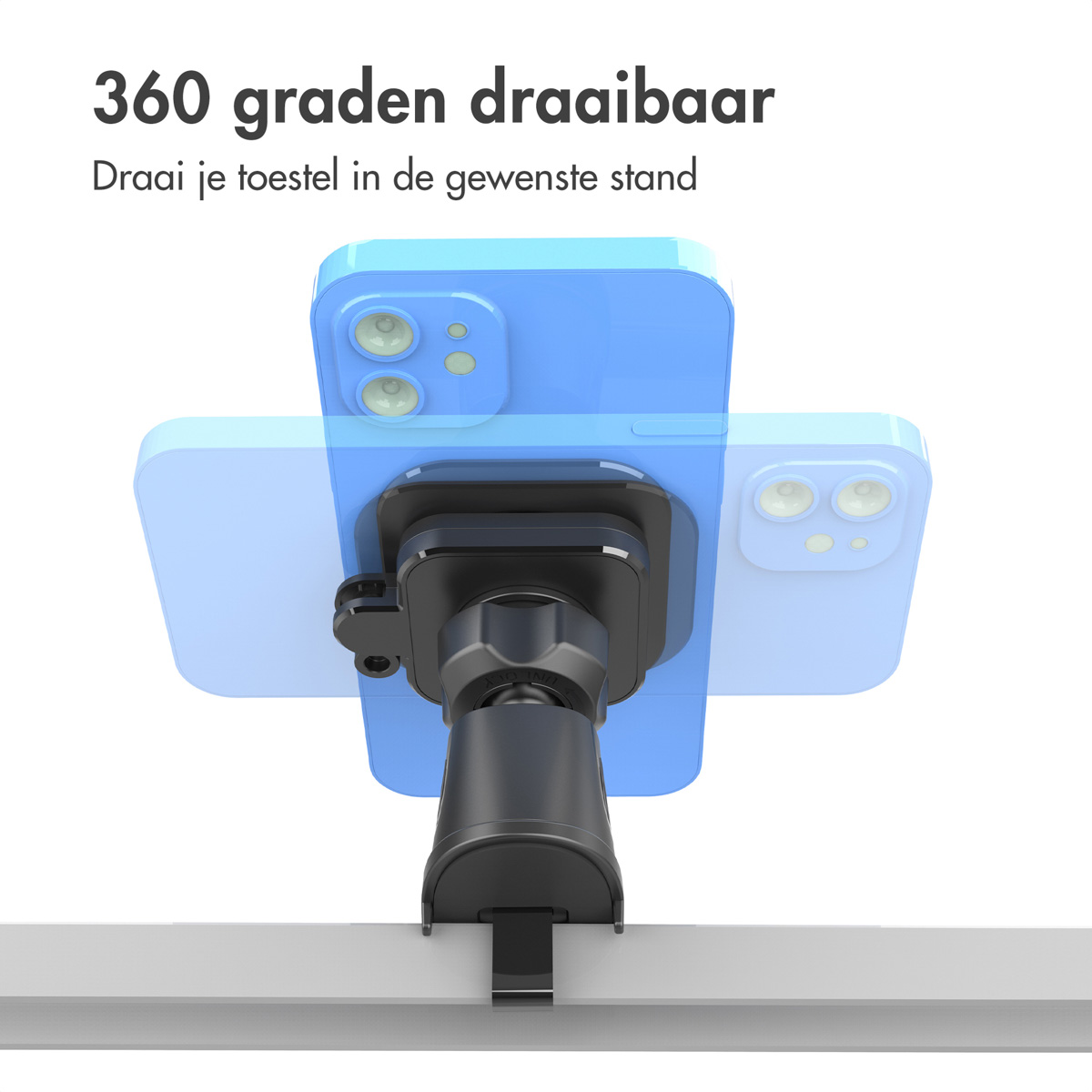Telefoon in een autohouder, kan 360 graden draaien, heldere blauwe telefoon, witte achtergrond.