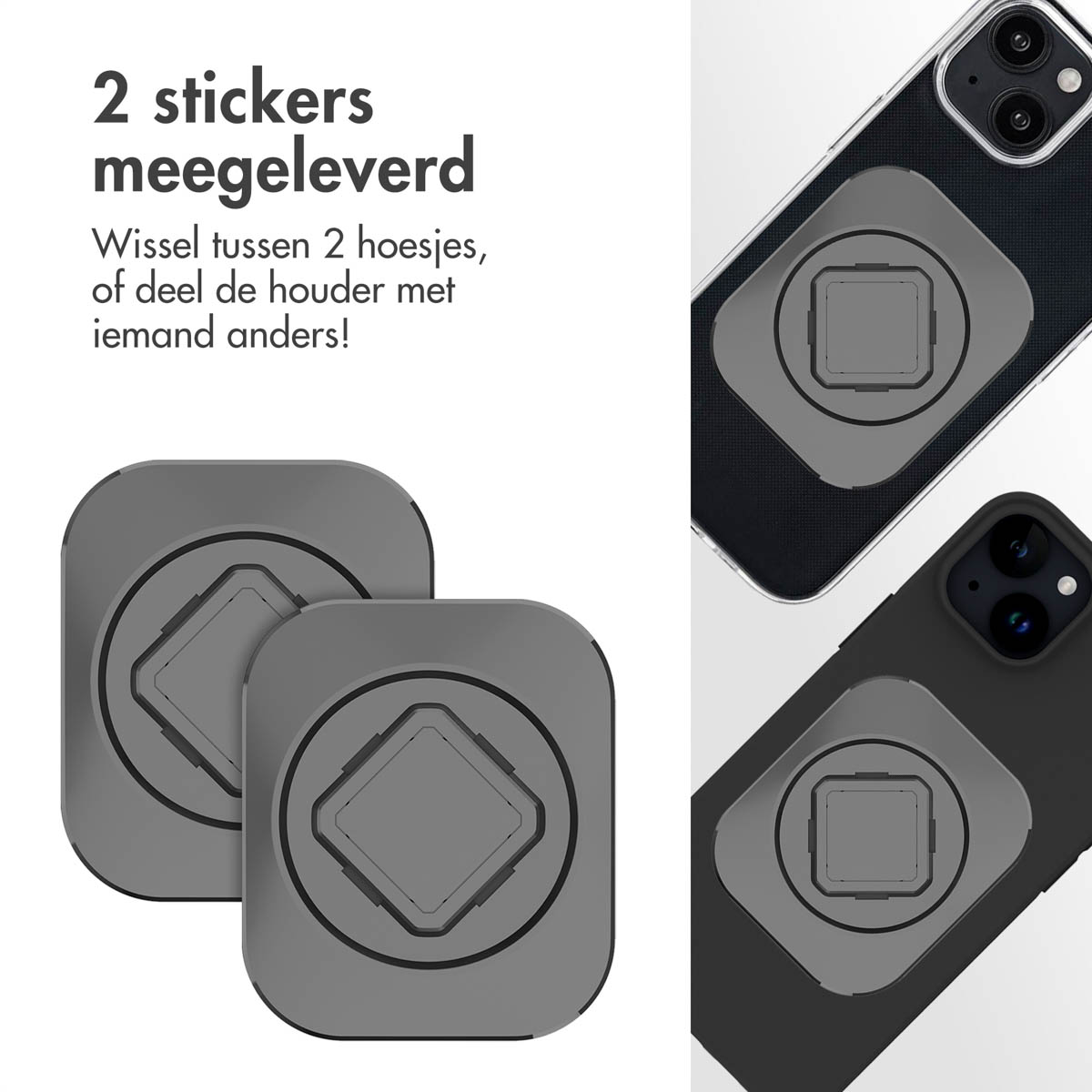 Twee grijze zelfklevende telefoonhouders en twee telefoons met houders bevestigd. Toont het zelfklevende oppervlak.