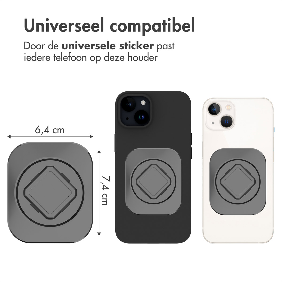 Een telefoonhouder met afmetingen en drie telefoons bevestigd. De houder heeft een sticker.