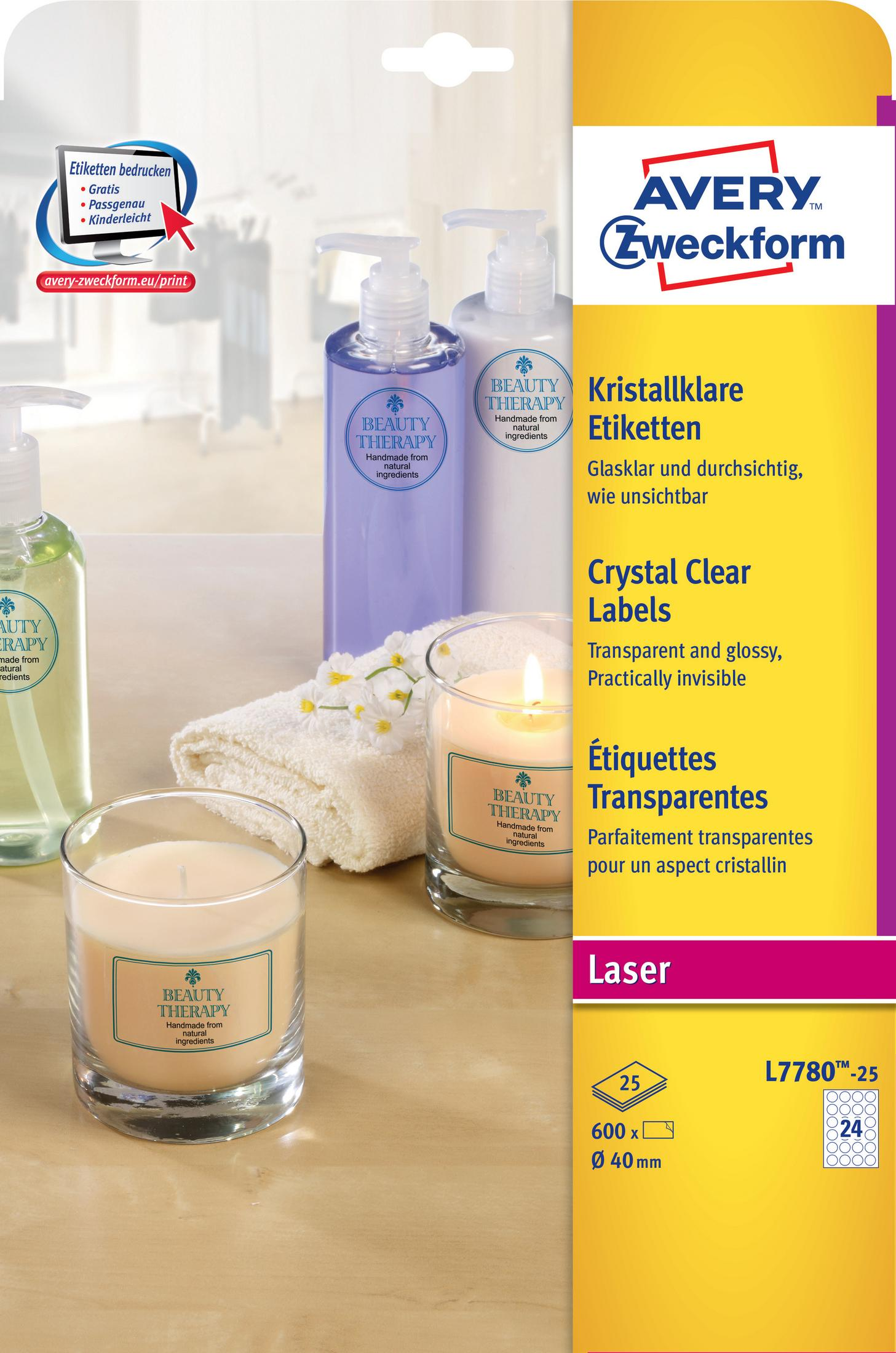Flaschen, Kerzen und ein Handtuch mit 'BEAUTY THERAPY' Etiketten, Avery Zweickform.