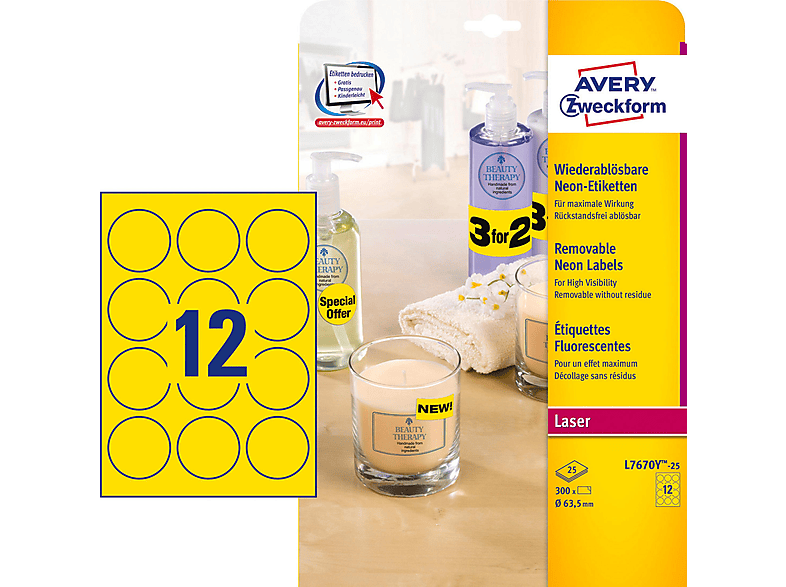 AVERY ZWECKFORM L7670Y-25 ETIKETTEN NEON GELB RUND 63,5MM Neon ...