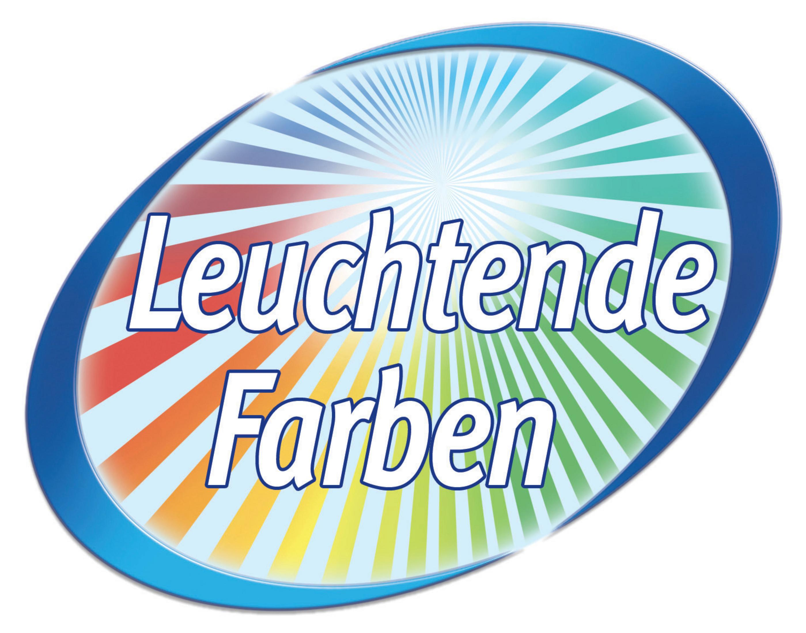 Ovales Logo mit Regenbogenfarben und Text: Leuchtende Farben (Helle Farben) in Weiß.