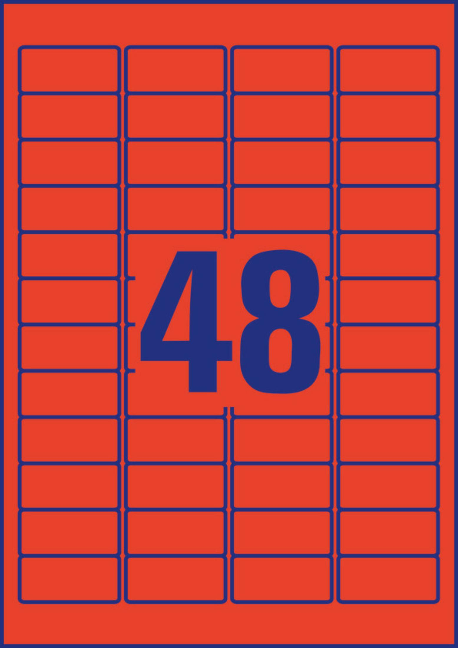 Bogen mit 48 rechteckigen Etiketten, blaues Raster auf rotem Hintergrund. Nummer 48 in der Mitte.