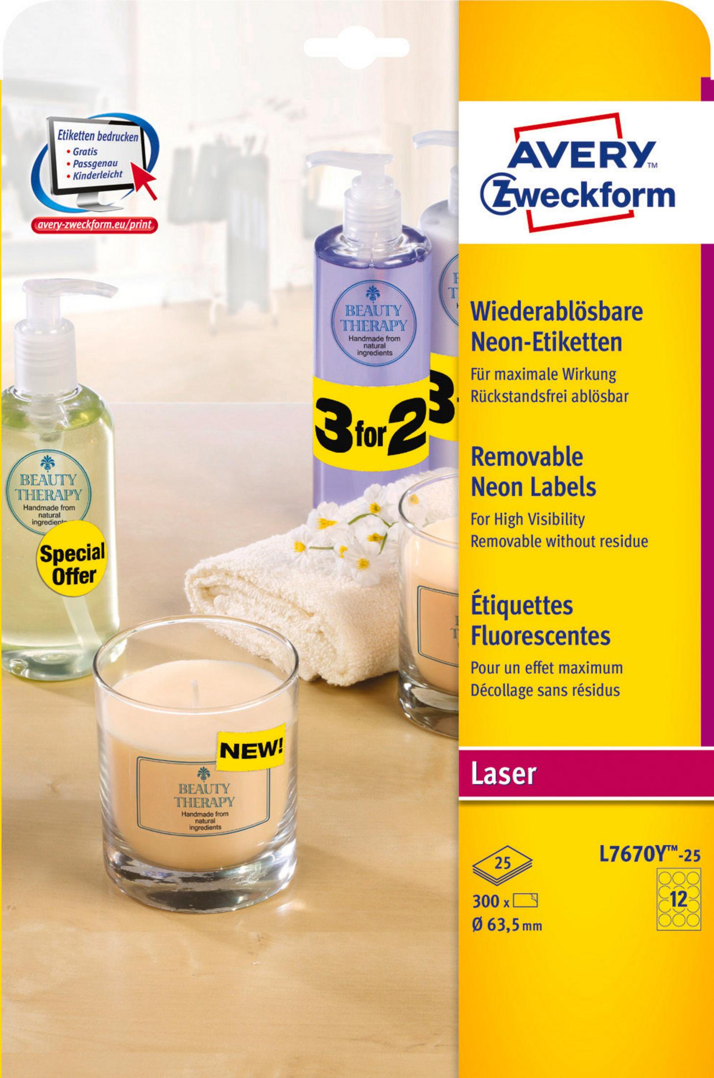 Avery Zweckform-Etiketten mit Kerzen, Seifenflaschen und einem Handtuch. Enthält ein Sonderangebot.