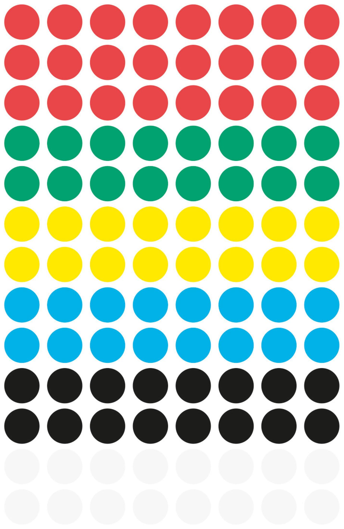 Ein Muster aus farbigen Kreisen in Reihen und Spalten. Rote, grüne, gelbe, blaue und schwarze Kreise.
