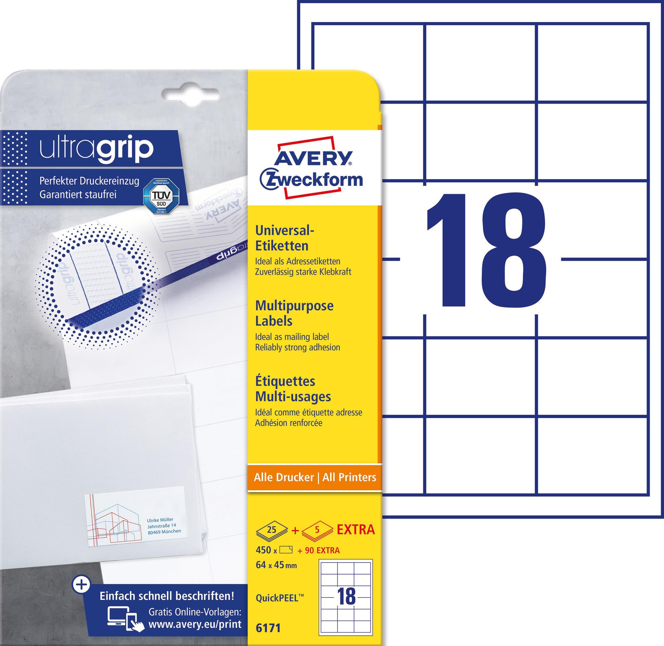 Verpackung für Avery Zweckform Etiketten. Zeigt ein Etikettenblatt und die Nummer 18.