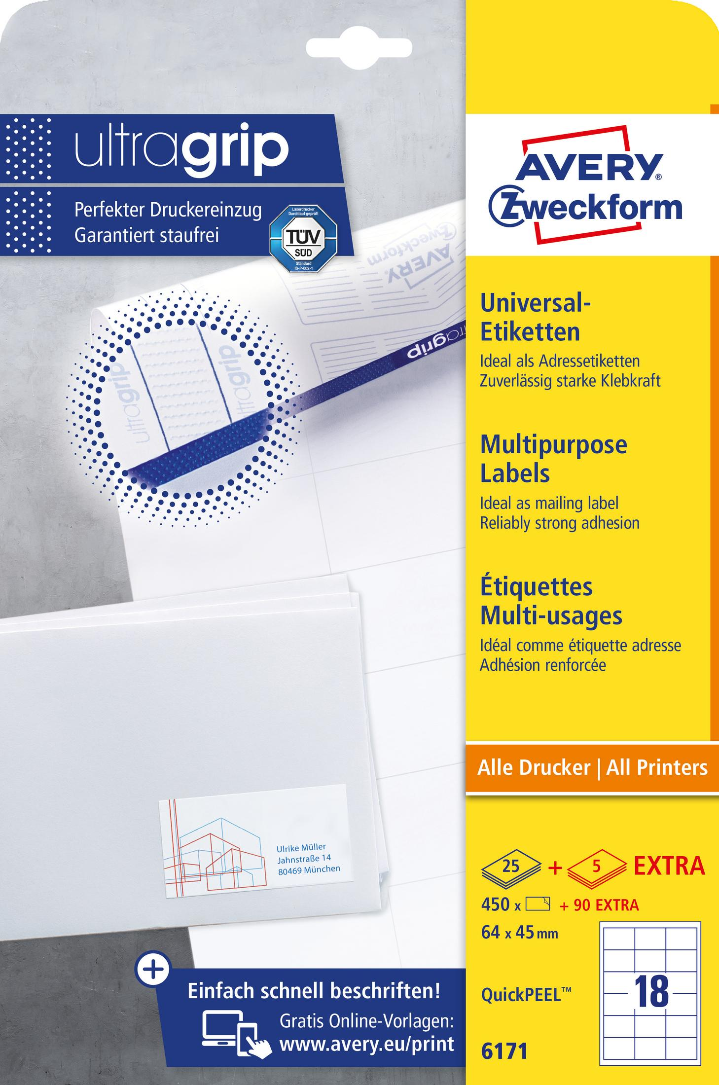 Avery Etiketten-Paket. Weiße Etiketten mit blauem Text auf gelbem und weißem Hintergrund.