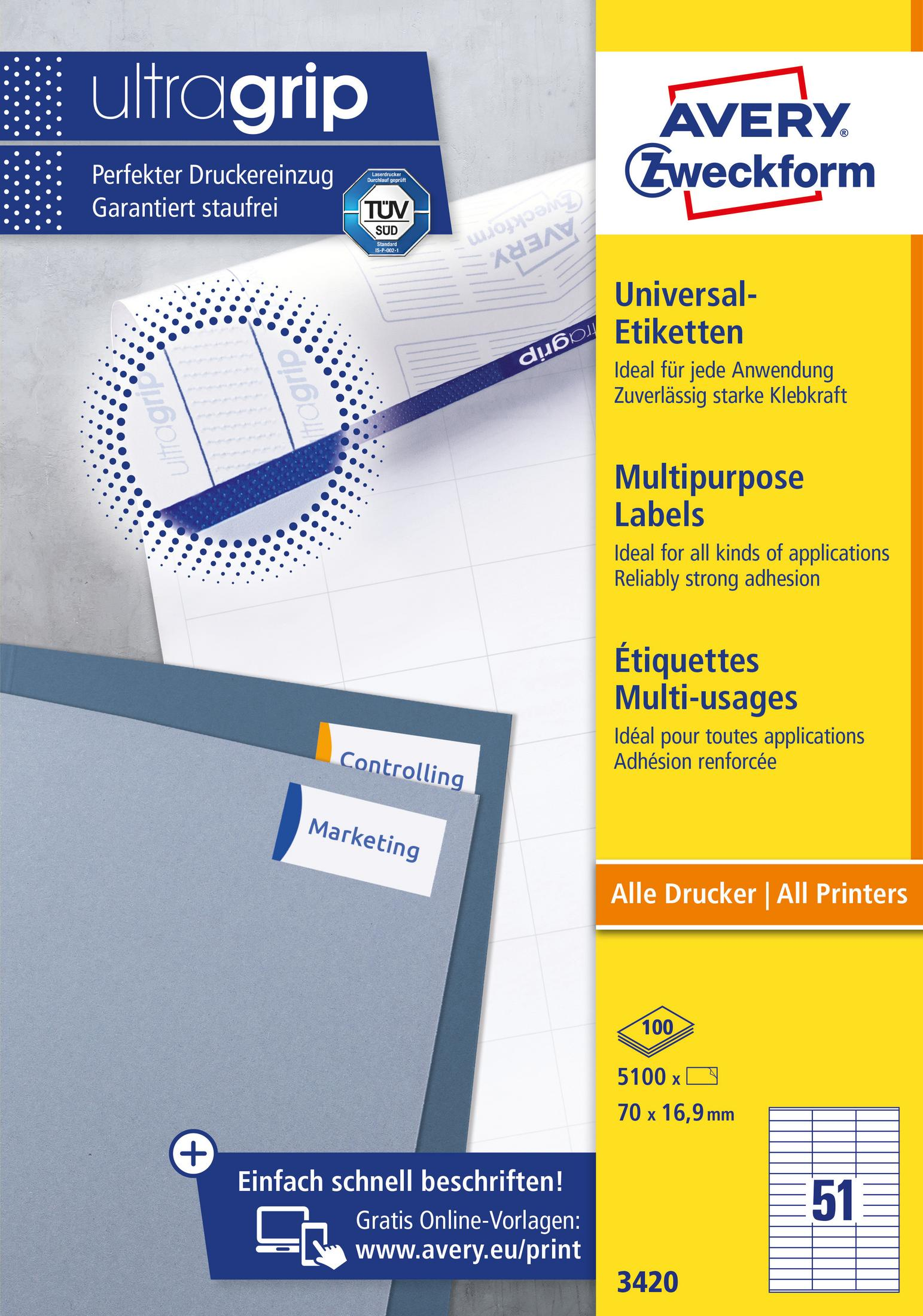 Avery Zweckform Etikettenpaket mit Etiketten und Text, der Etikettentypen und Verwendung beschreibt.