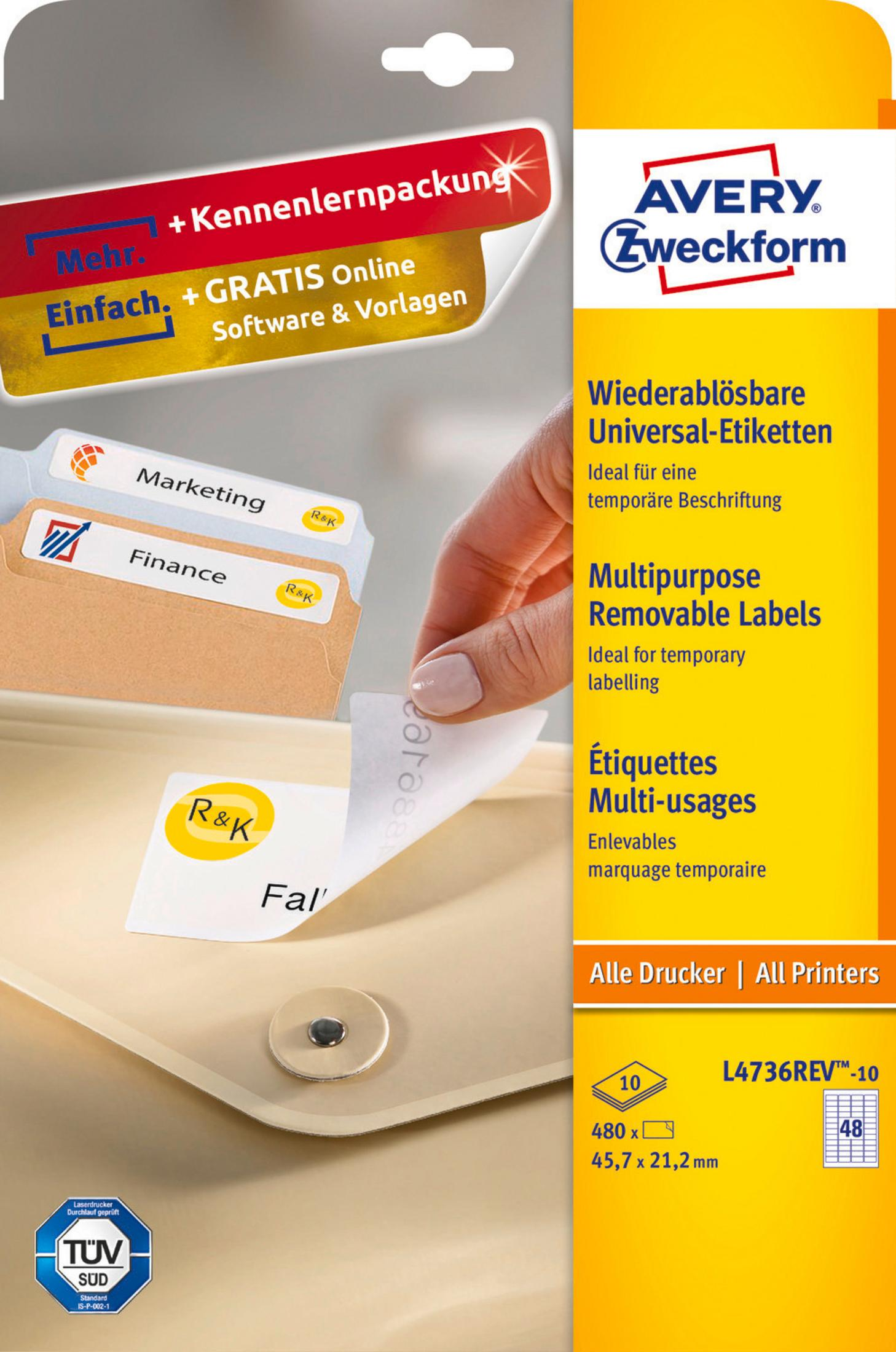 Avery Zweckform Etiketten mit einer Hand, die ein Etikett abzieht.