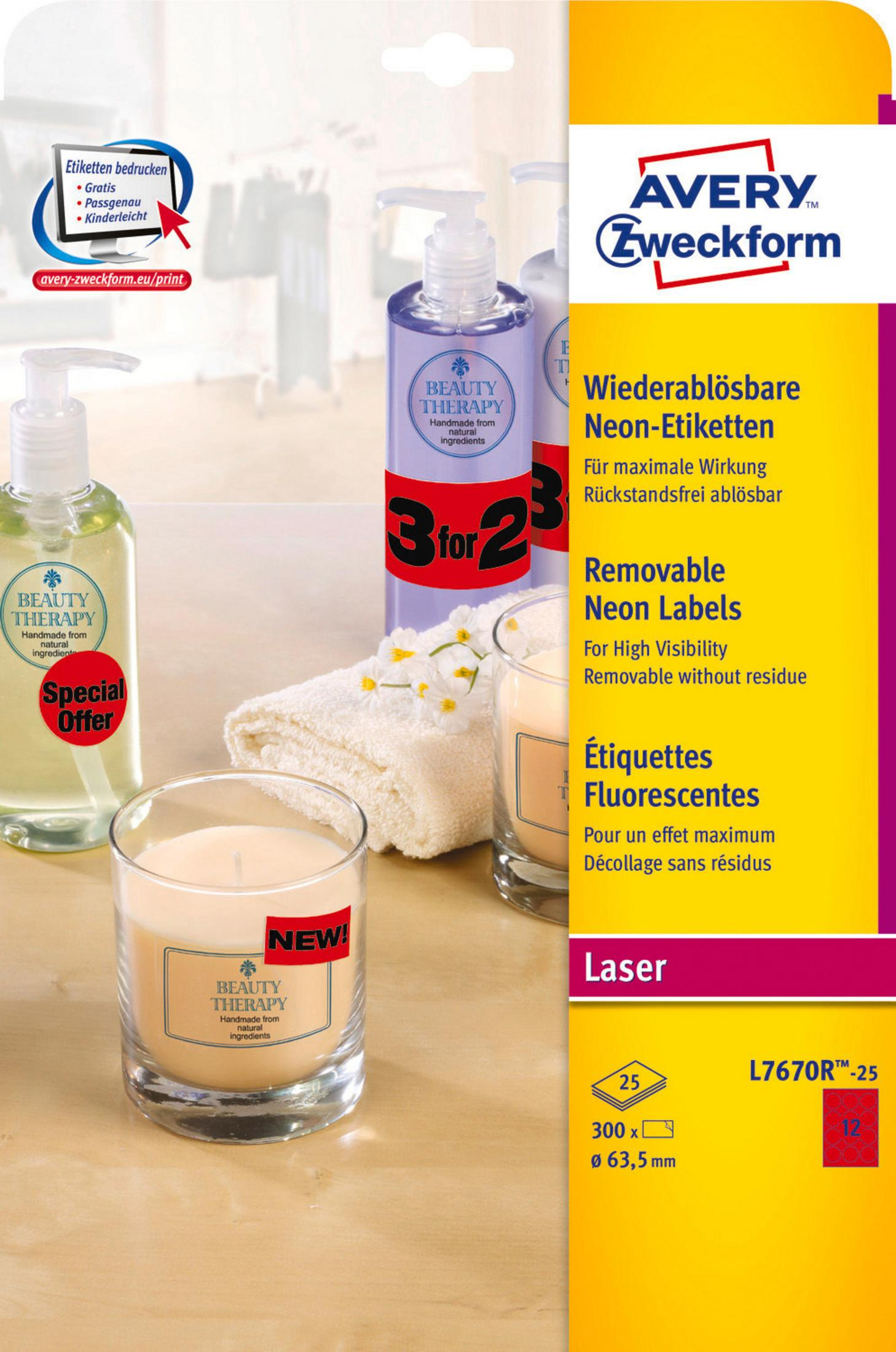 Avery Etikettenpackung mit Beauty Therapy Artikeln. Flaschen und eine Kerze mit Neonetiketten.