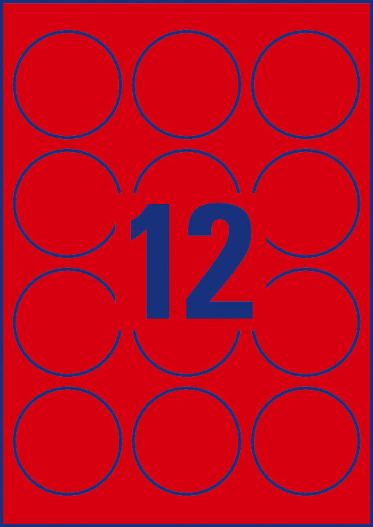 Roter Hintergrund mit blauem Rand und zwölf blauen Kreisen mit der Zahl 12 darin.