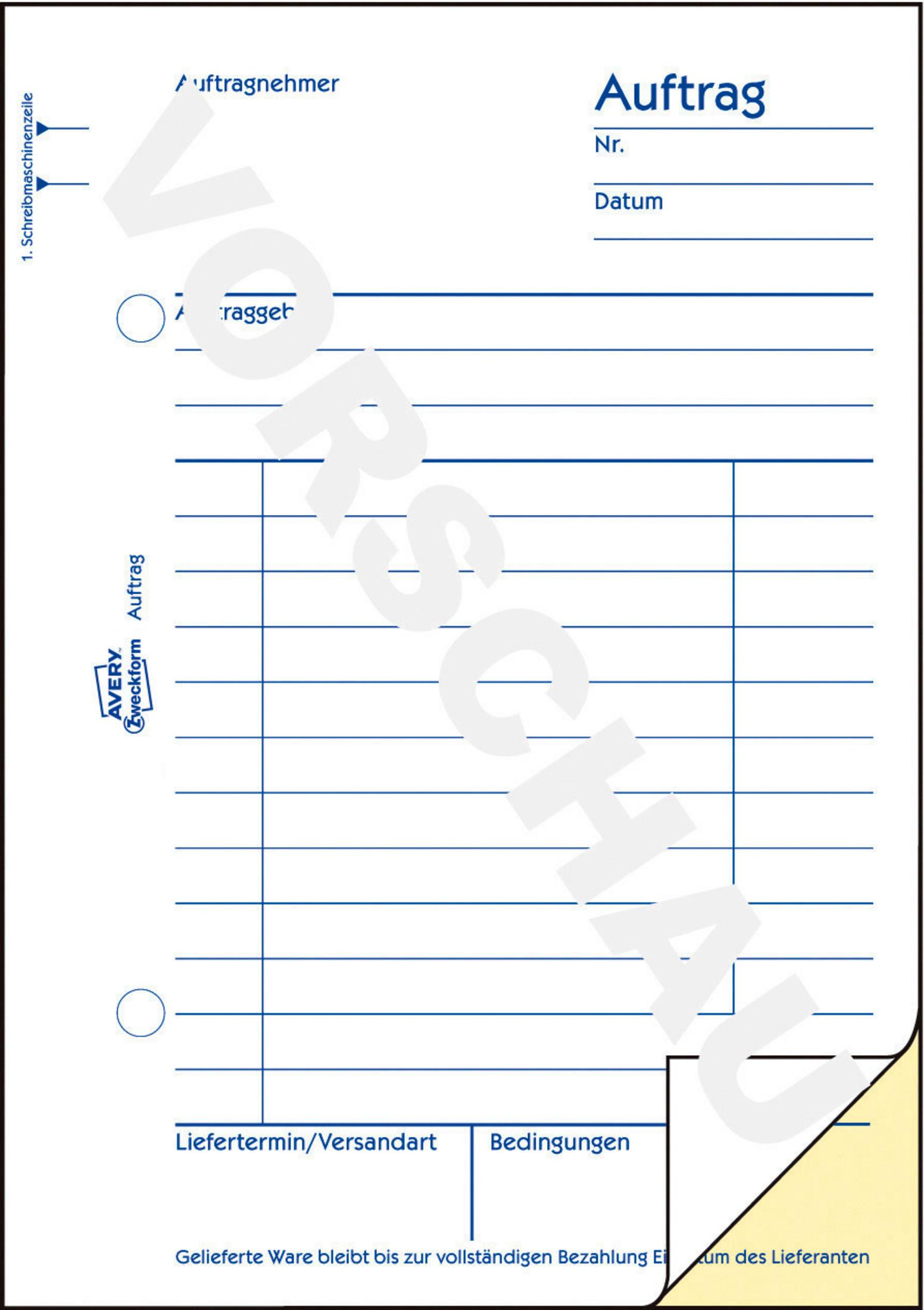 Leeres Bestellformular mit Linien und Text. Enthält Abschnitte für Details und Bedingungen.