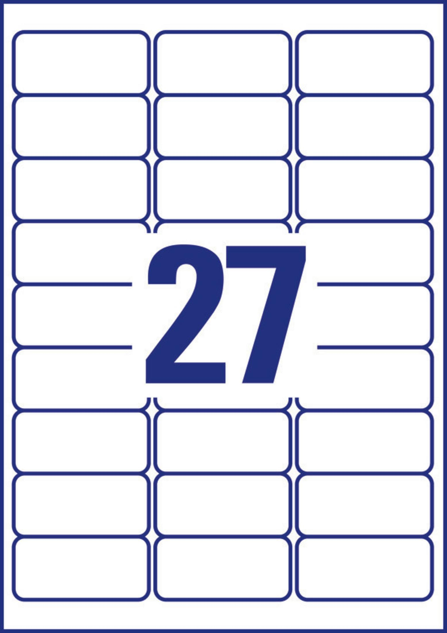 Ein Bogen Etiketten mit blauem Raster und der Zahl 27 in der Mitte.