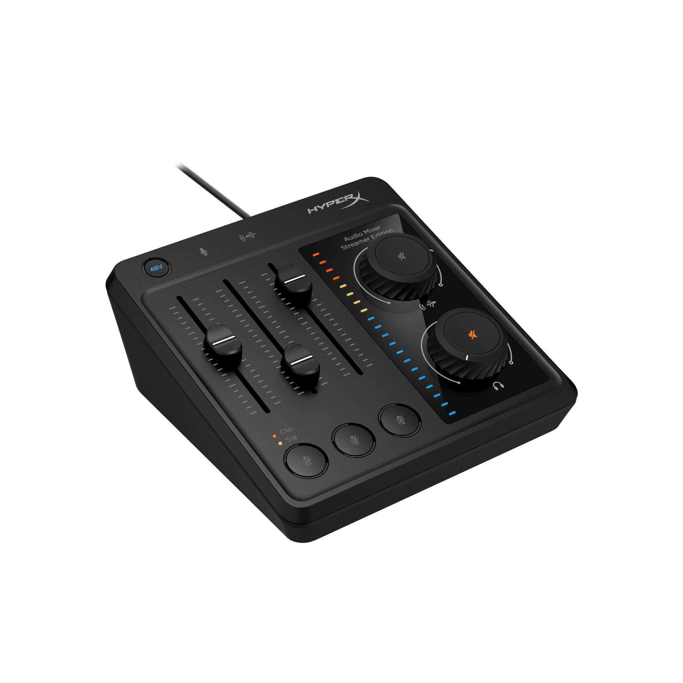 Schwarzer Audio-Mixer mit Schiebereglern, Knöpfen und Tasten. Es hat ein HYPERX-Logo und verschiedene Anzeigen.