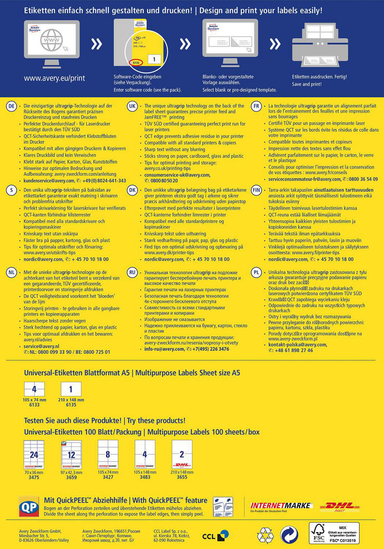 Ein Produktinformationsblatt mit Text und Logos sowie einigen Etiketten.