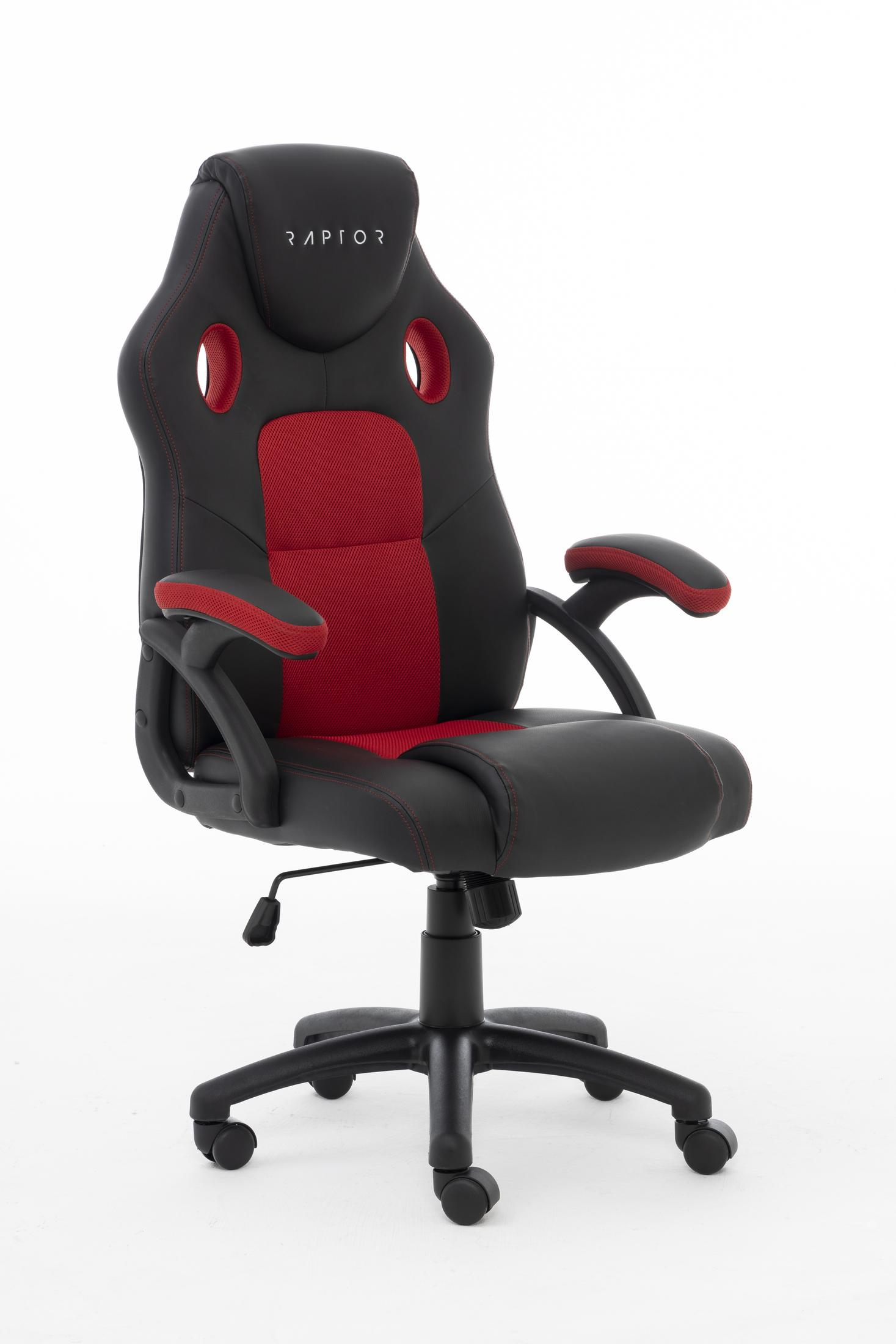 Schwarzer und roter Gaming-Stuhl mit dem Wort "RAPTOR" auf der Kopfstütze.