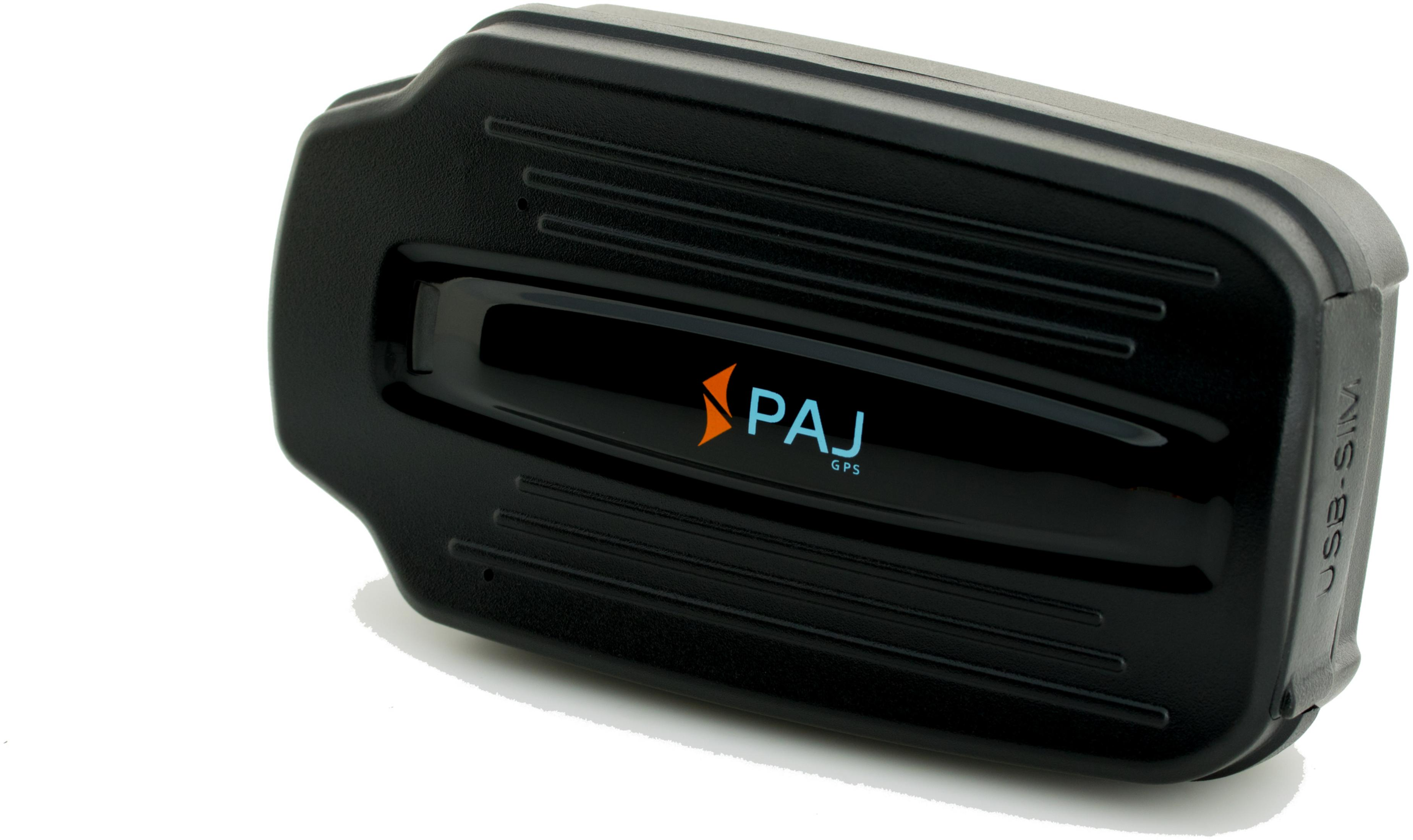 Ein schwarzer GPS-Tracker mit dem PAJ GPS-Logo. Es befindet sich auf weißem Hintergrund.