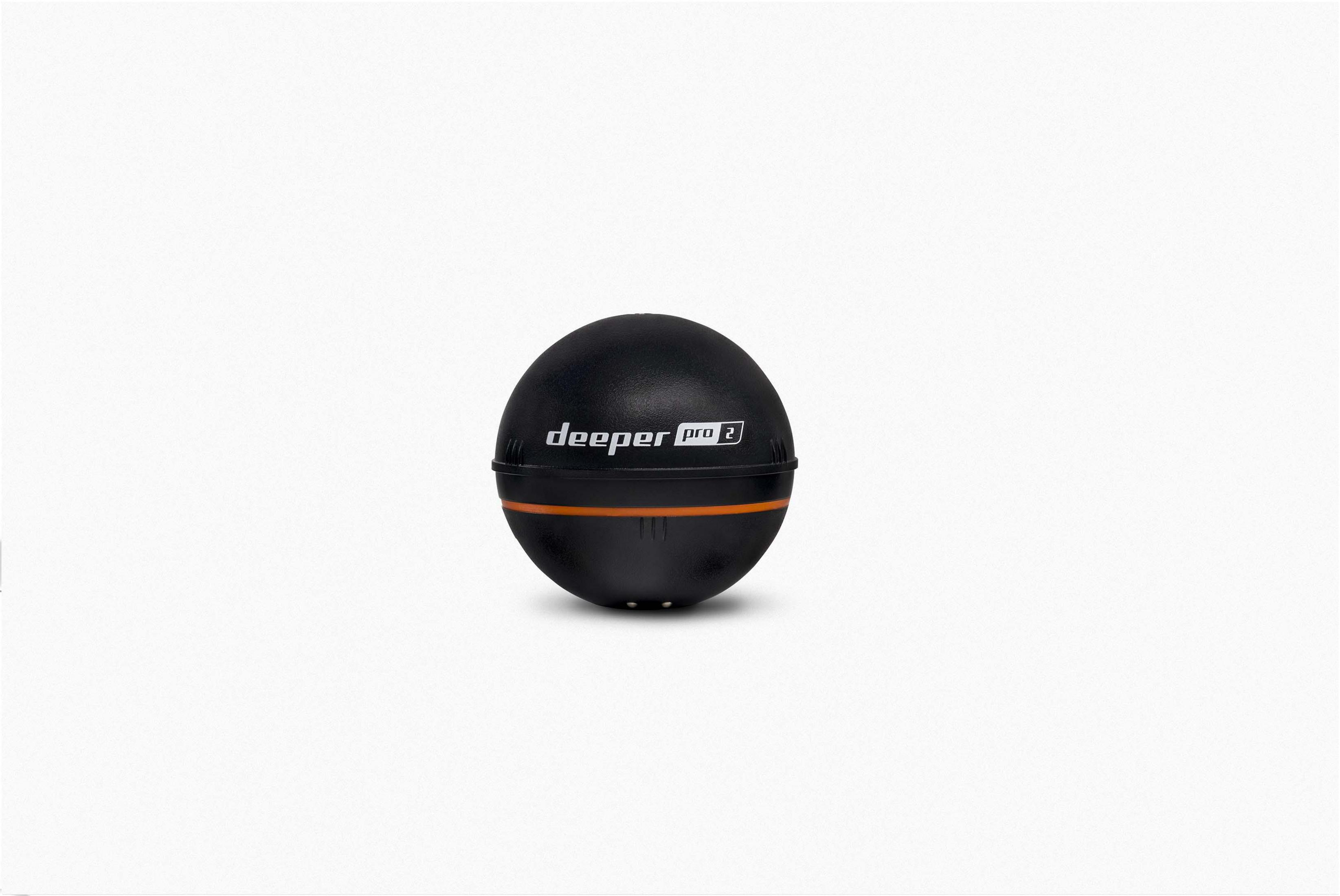Ein schwarzes, kugelförmiges Gerät mit einem orangefarbenen Streifen. Der Text lautet: deeper pro 2.