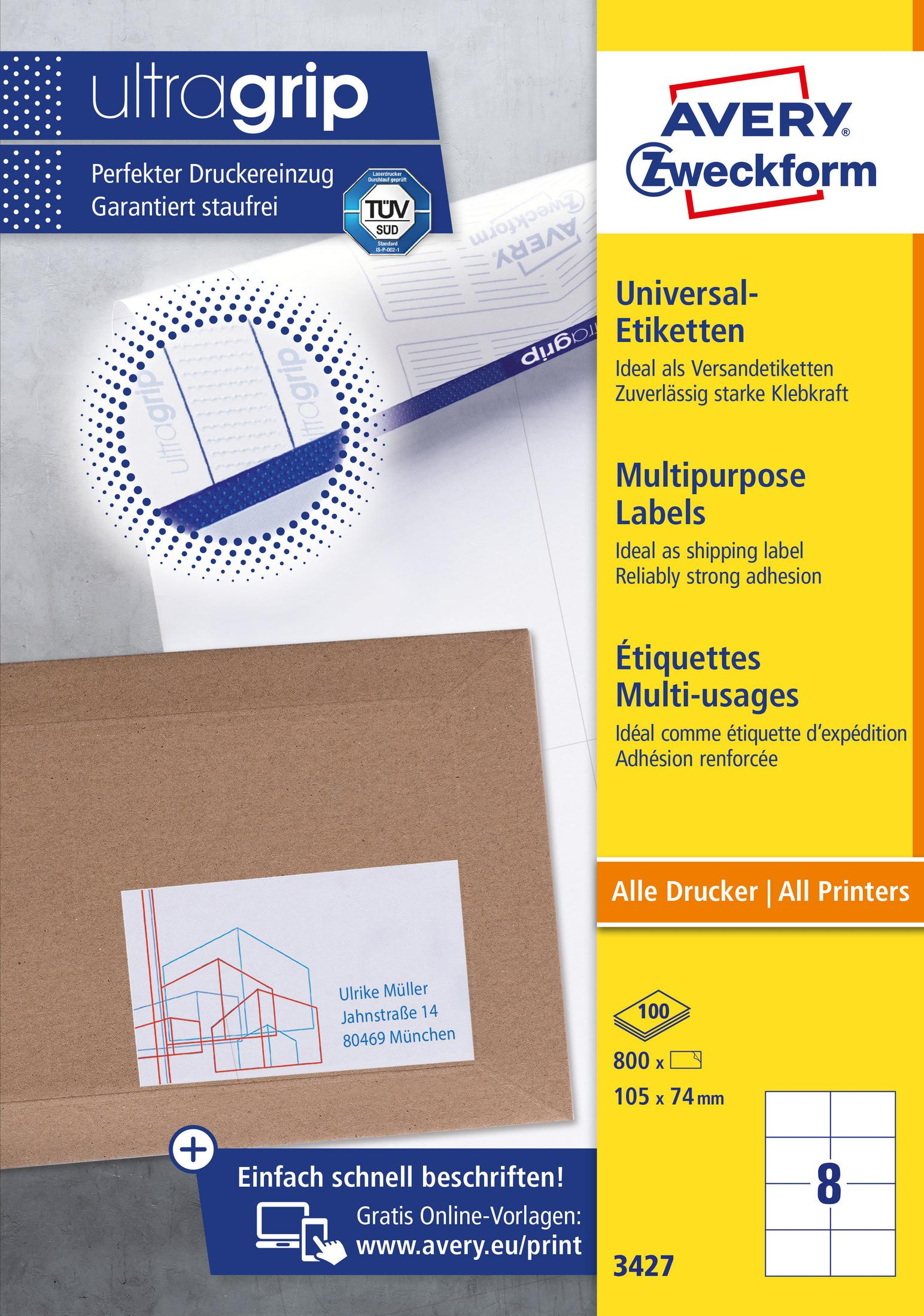 Verpackung mit Etiketten und Text in mehreren Sprachen, mit einem braunen Umschlag.