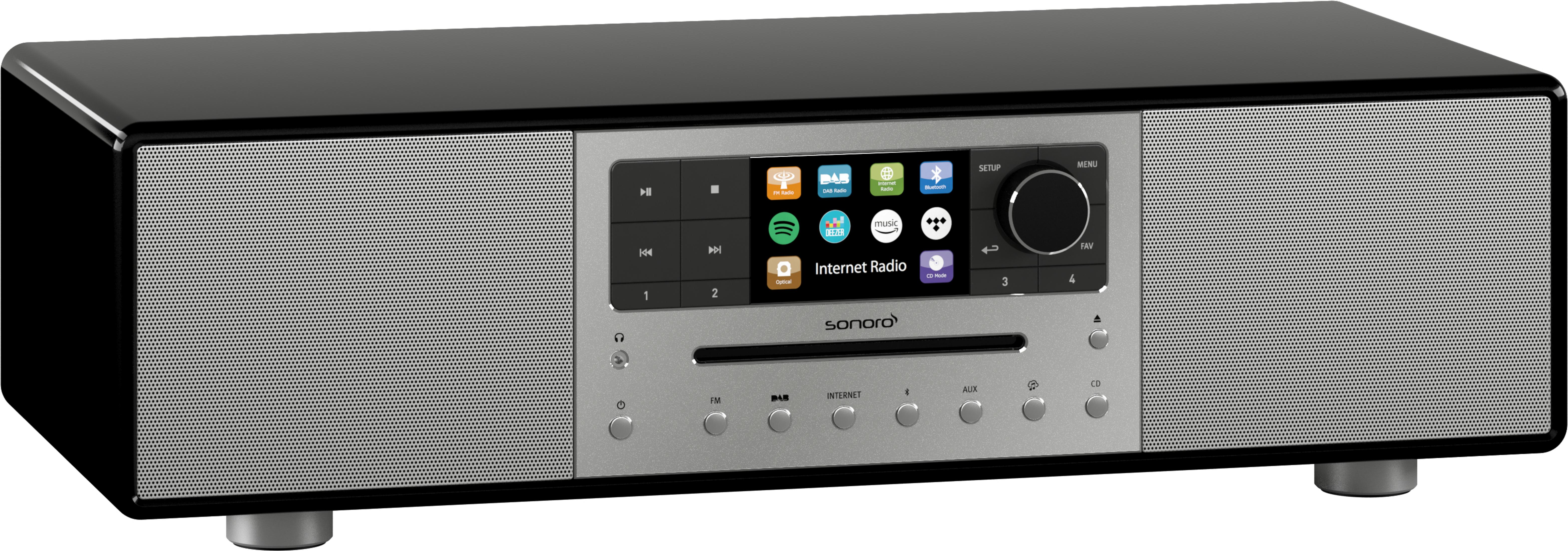 Ein schwarzes und silbernes Sonoro Internetradio. Es hat einen Bildschirm, Knöpfe und Lautsprechergitter an den Seiten.