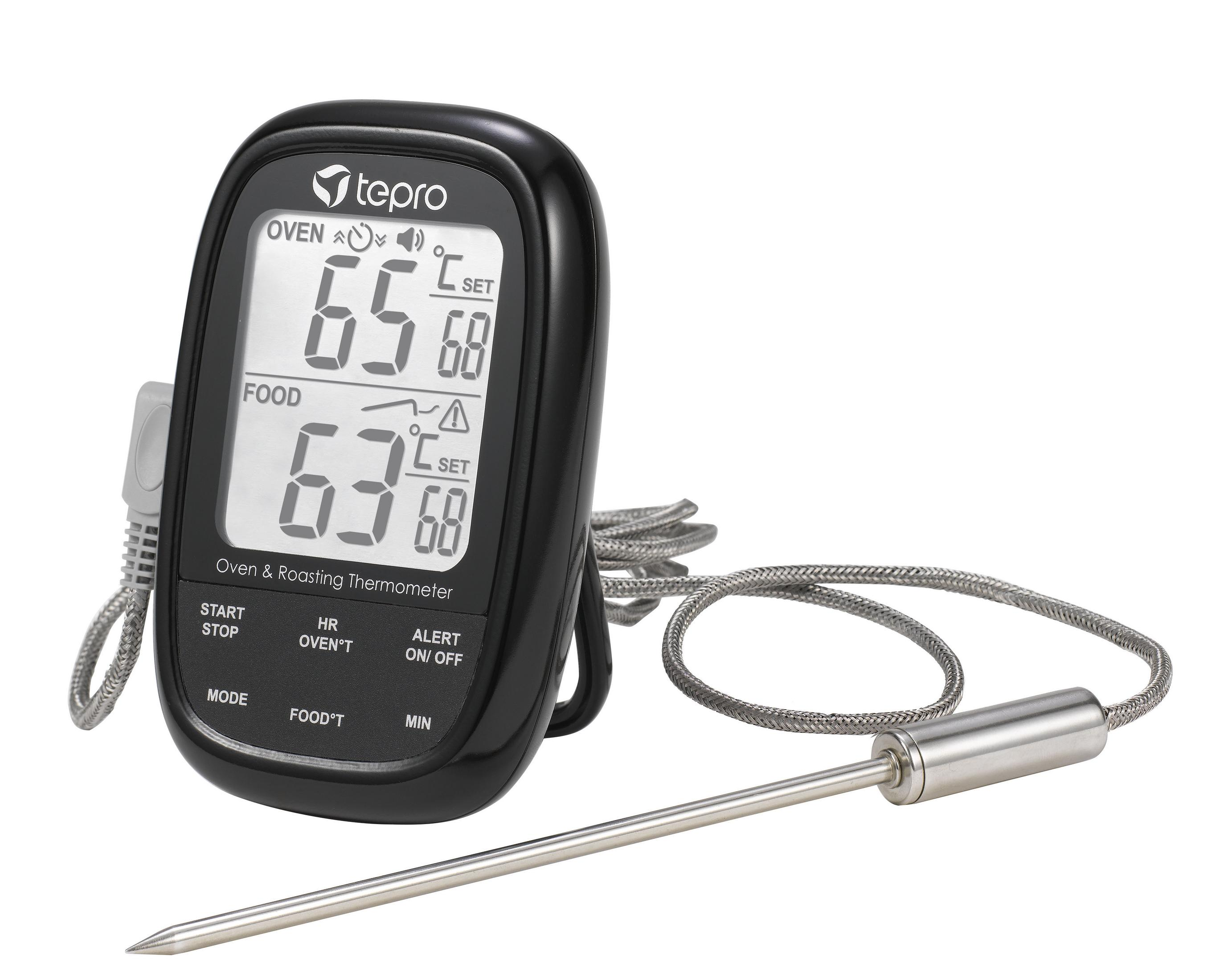 Schwarzes Backofen- und Bratenthermometer mit Display, Sonde und Kabel.