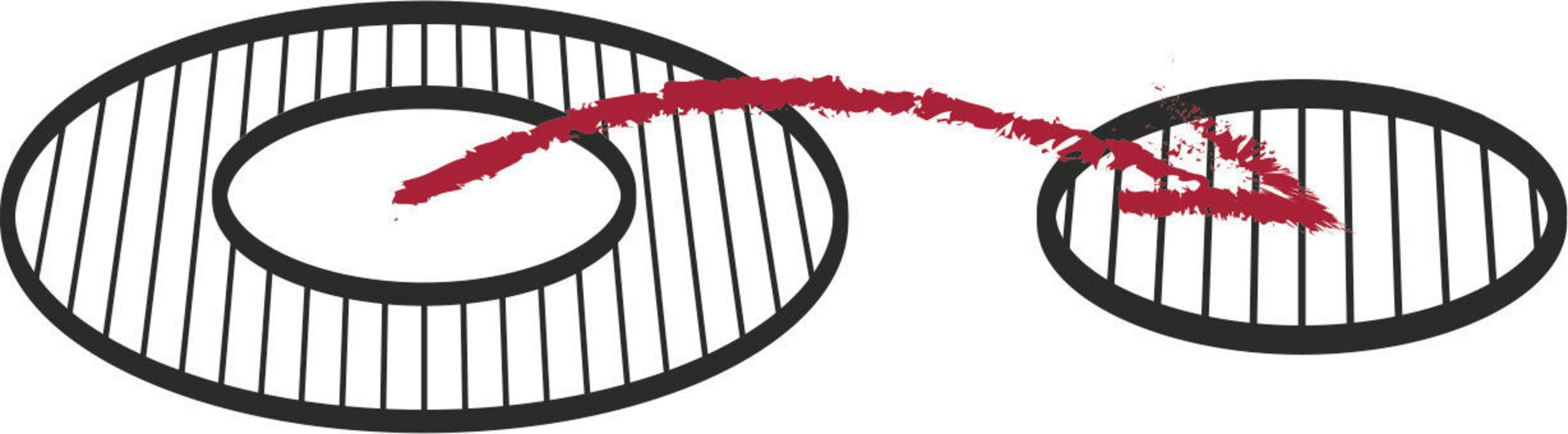 Abstrakte Kunst mit zwei verbundenen Ovalen. Ein Oval hat eine Mitte und Linien. Eine rote Linie verbindet sie.