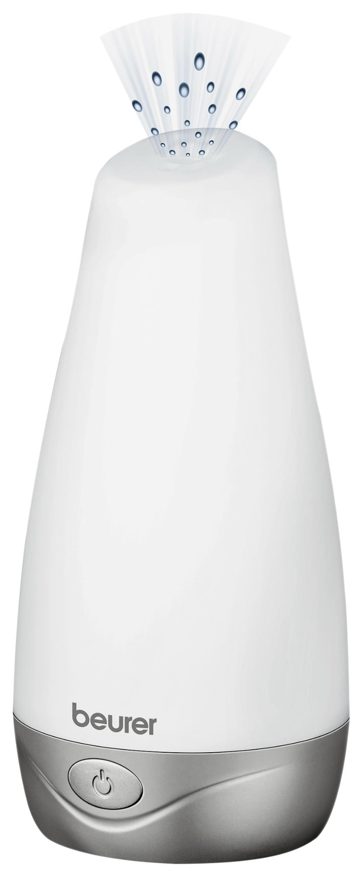 Un humidificateur blanc avec une base argentée. De la vapeur d'eau s'échappe du haut.